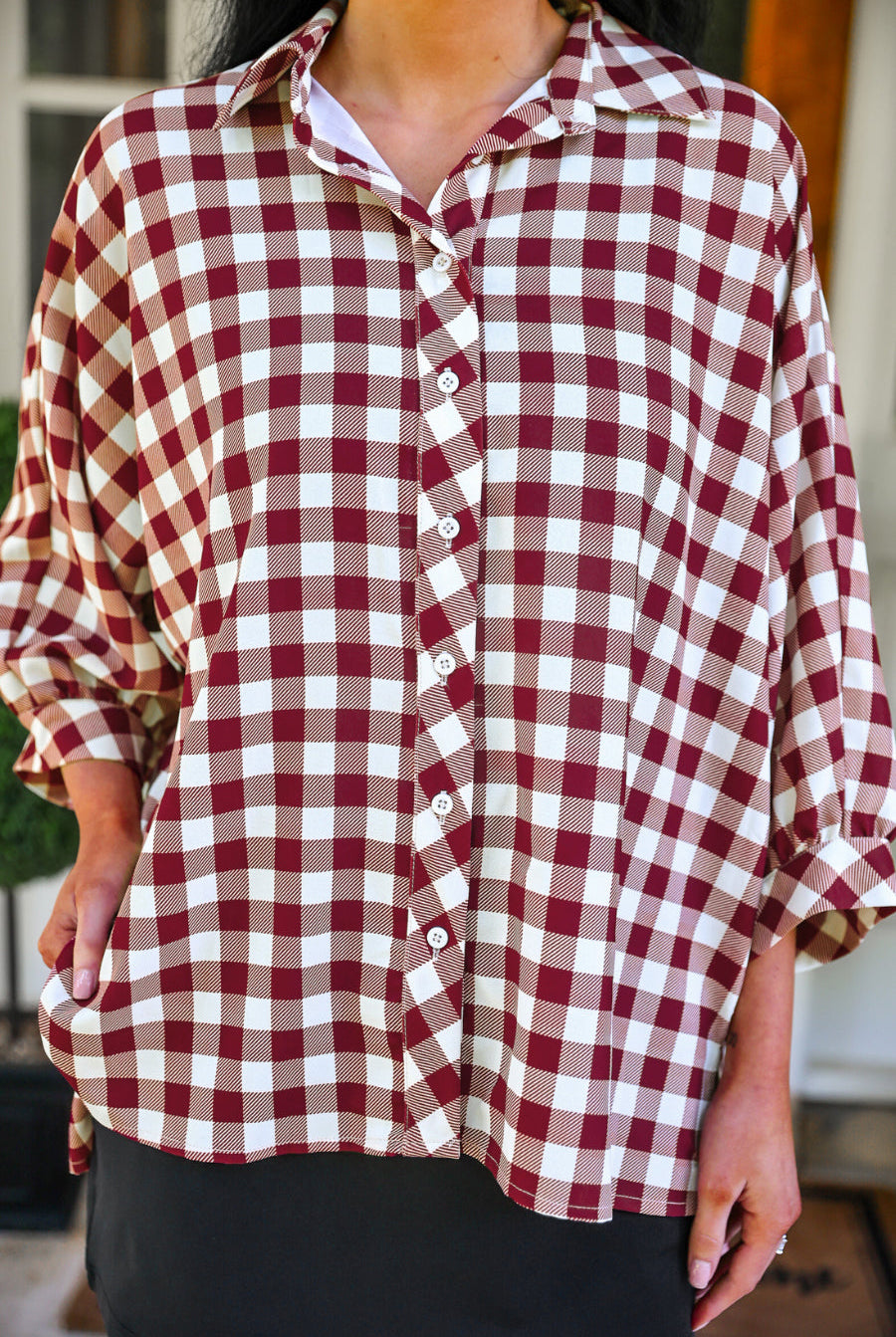 PREORDER- Sloane Button Up Top- Burgundy Gingham-Top-Dear Me Southern Boutique, located in DeRidder, Louisiana