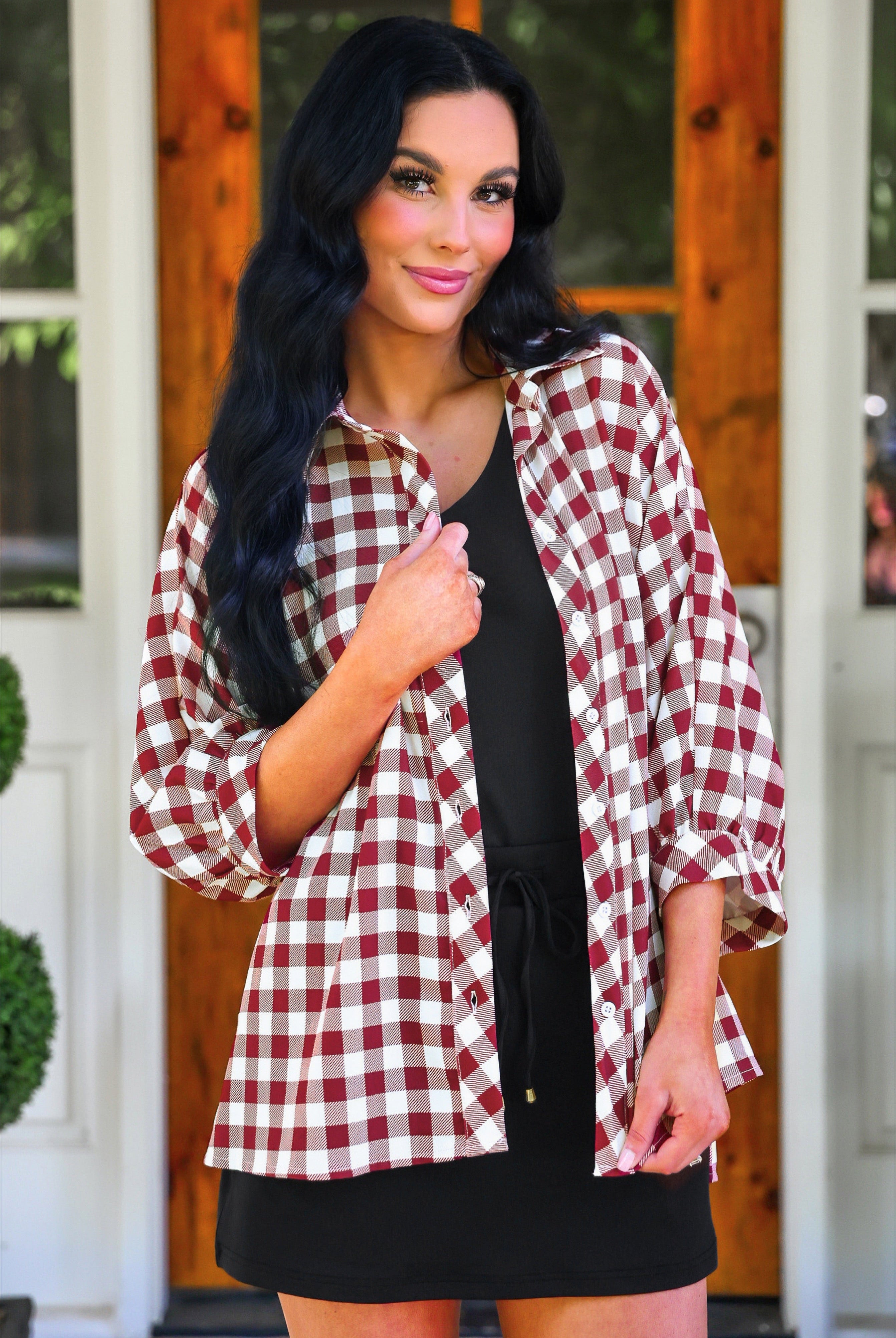 PREORDER- Sloane Button Up Top- Burgundy Gingham-Top-Dear Me Southern Boutique, located in DeRidder, Louisiana