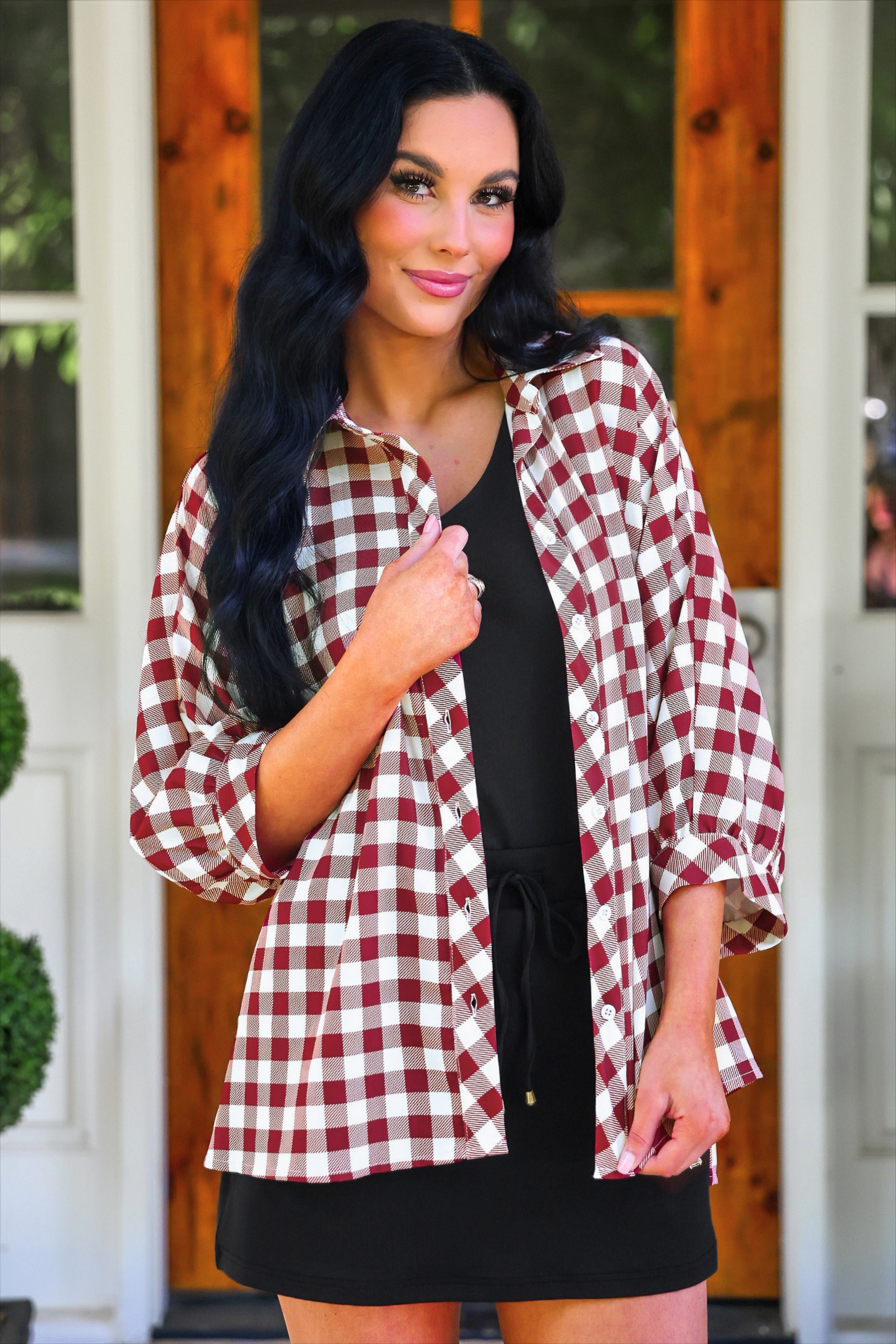PREORDER- Sloane Button Up Top- Burgundy Gingham-Top-Dear Me Southern Boutique, located in DeRidder, Louisiana