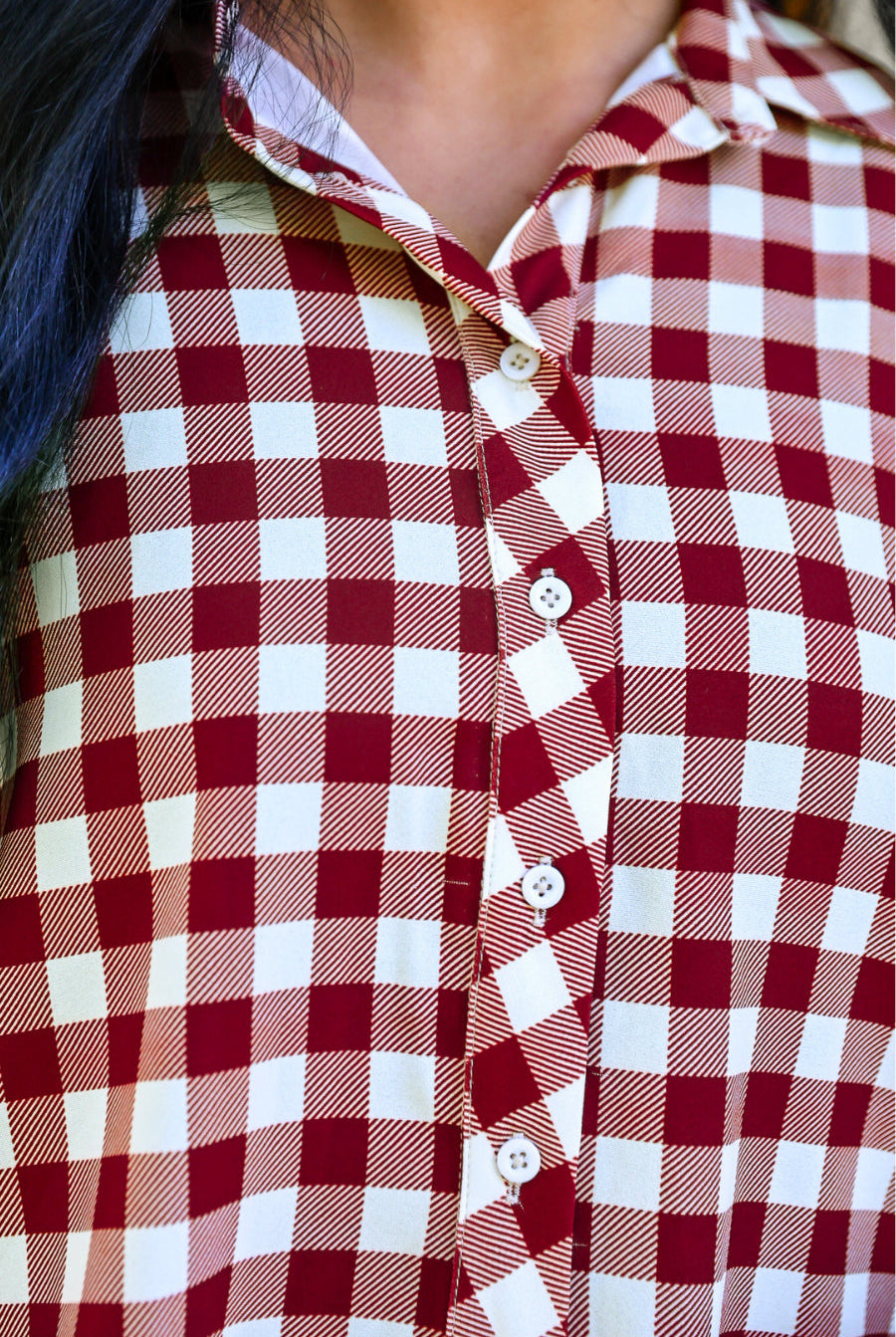 PREORDER- Sloane Button Up Top- Burgundy Gingham-Top-Dear Me Southern Boutique, located in DeRidder, Louisiana