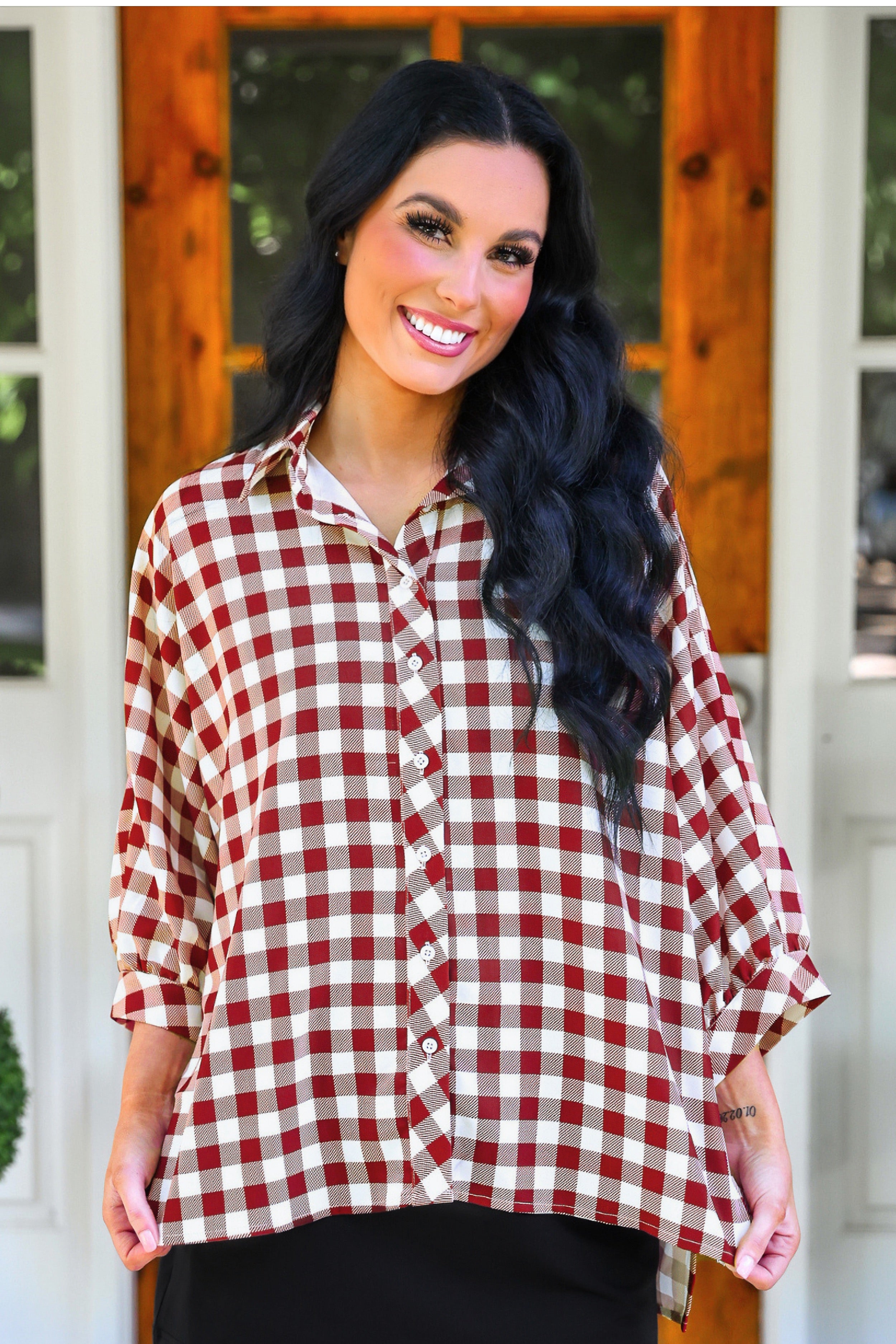 PREORDER- Sloane Button Up Top- Burgundy Gingham-Top-Dear Me Southern Boutique, located in DeRidder, Louisiana
