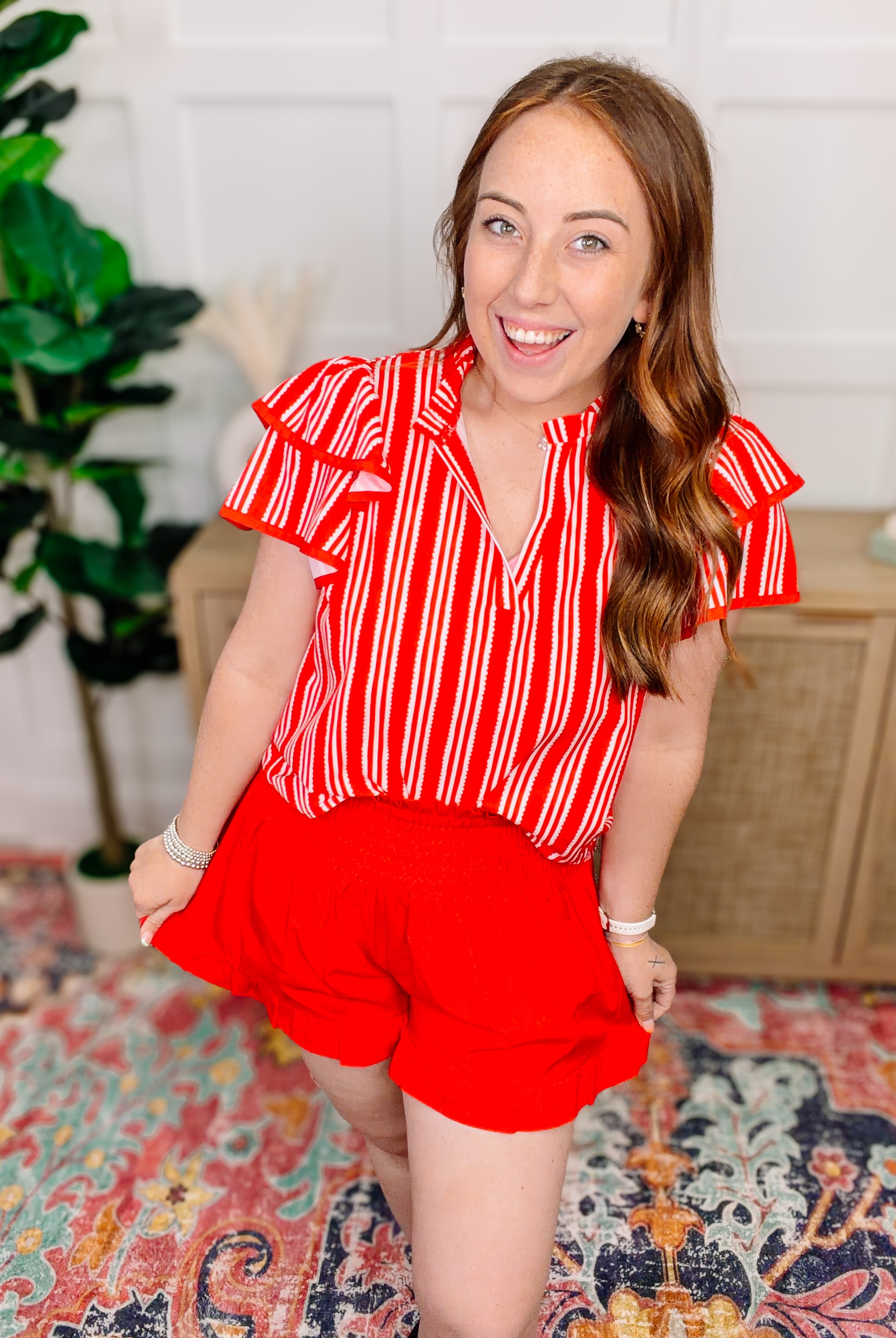 PREORDER: Sunny Strolls Shorts- Red-Bottoms-Dear Me Southern Boutique, located in DeRidder, Louisiana