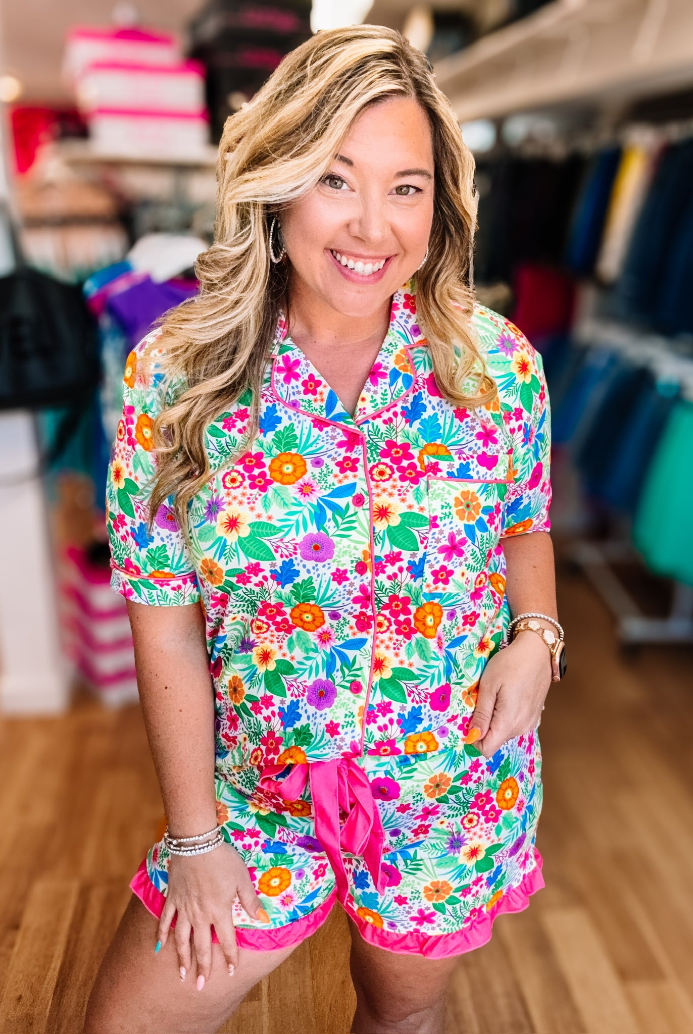 Paradise Blooms Ruffle Pajama Set-Pajamas-Dear Me Southern Boutique, located in DeRidder, Louisiana