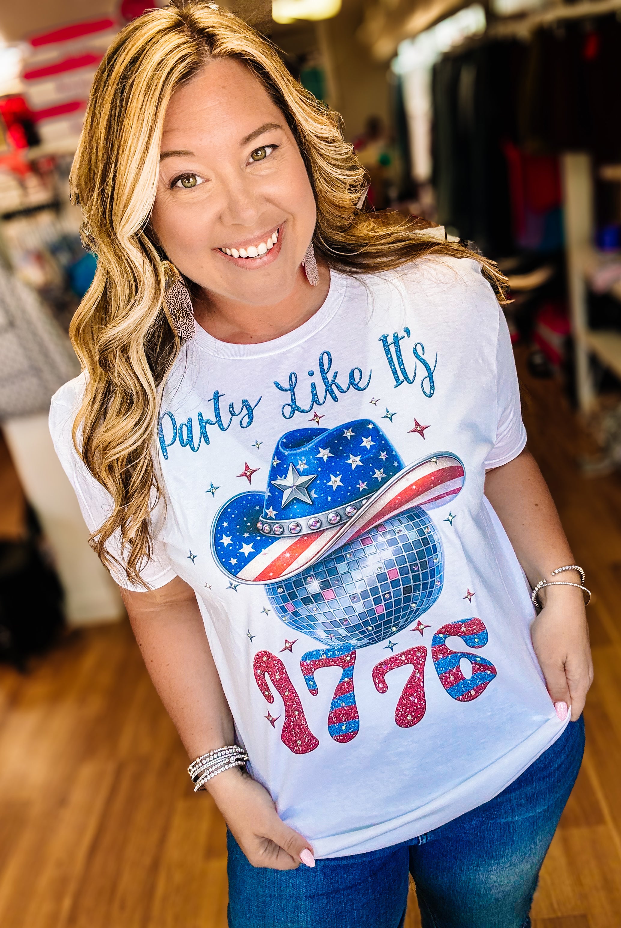 Party like it’s 1776 Bougie Rhinestone Tee-Dear Me Southern Boutique, located in DeRidder, Louisiana