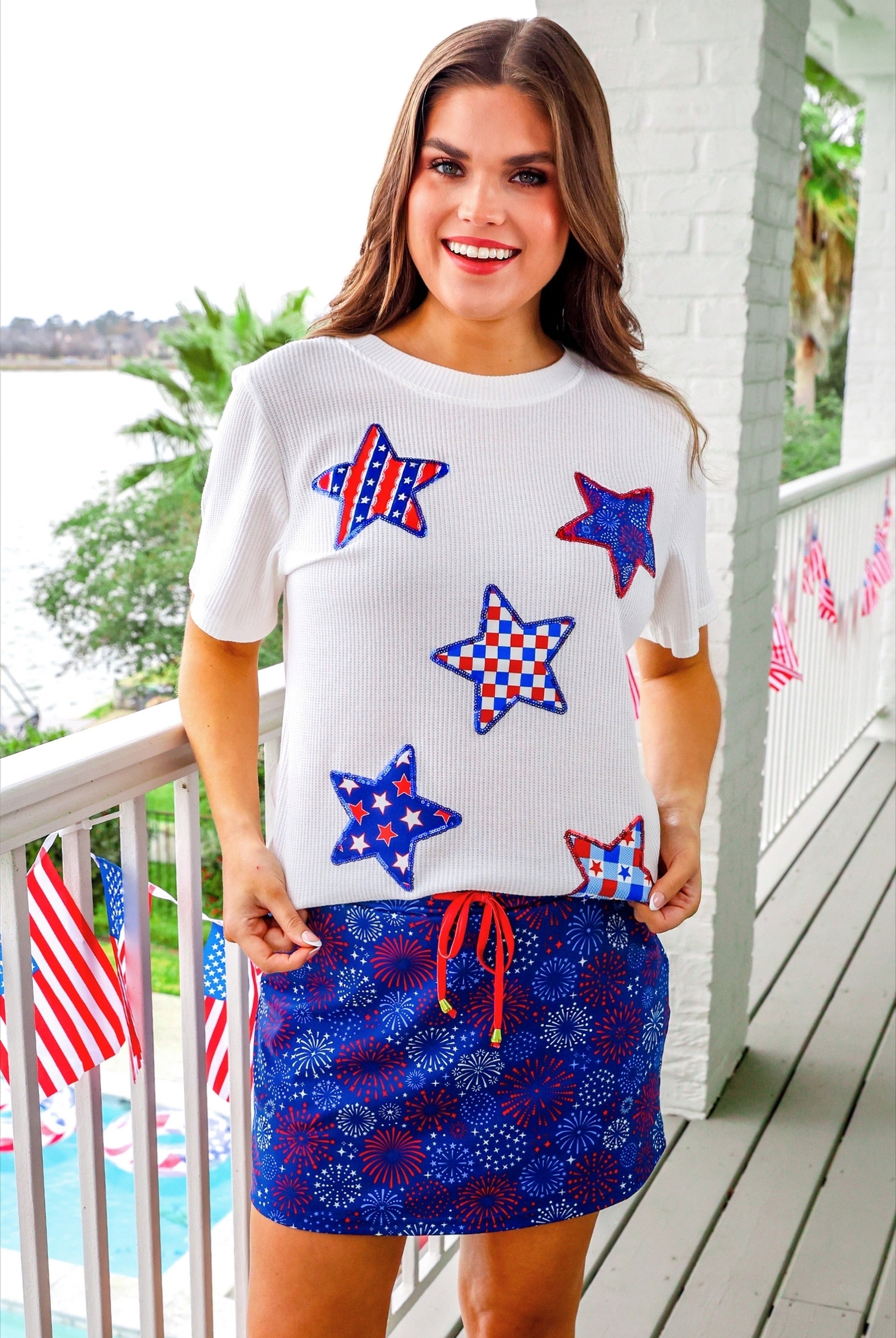 Patriotic Stars Patch Tee-Top-Dear Me Southern Boutique, located in DeRidder, Louisiana