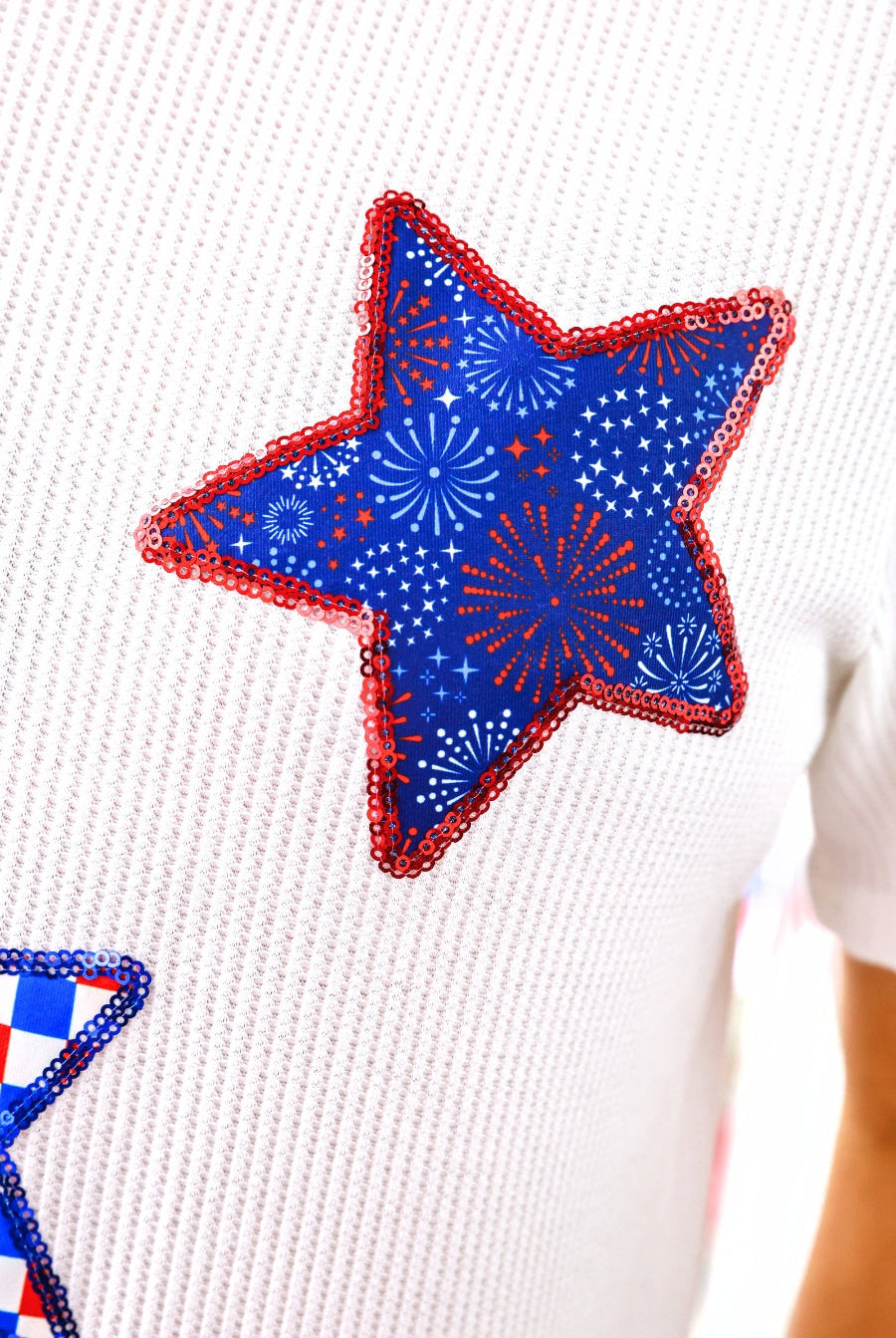 Patriotic Stars Patch Tee-Top-Dear Me Southern Boutique, located in DeRidder, Louisiana