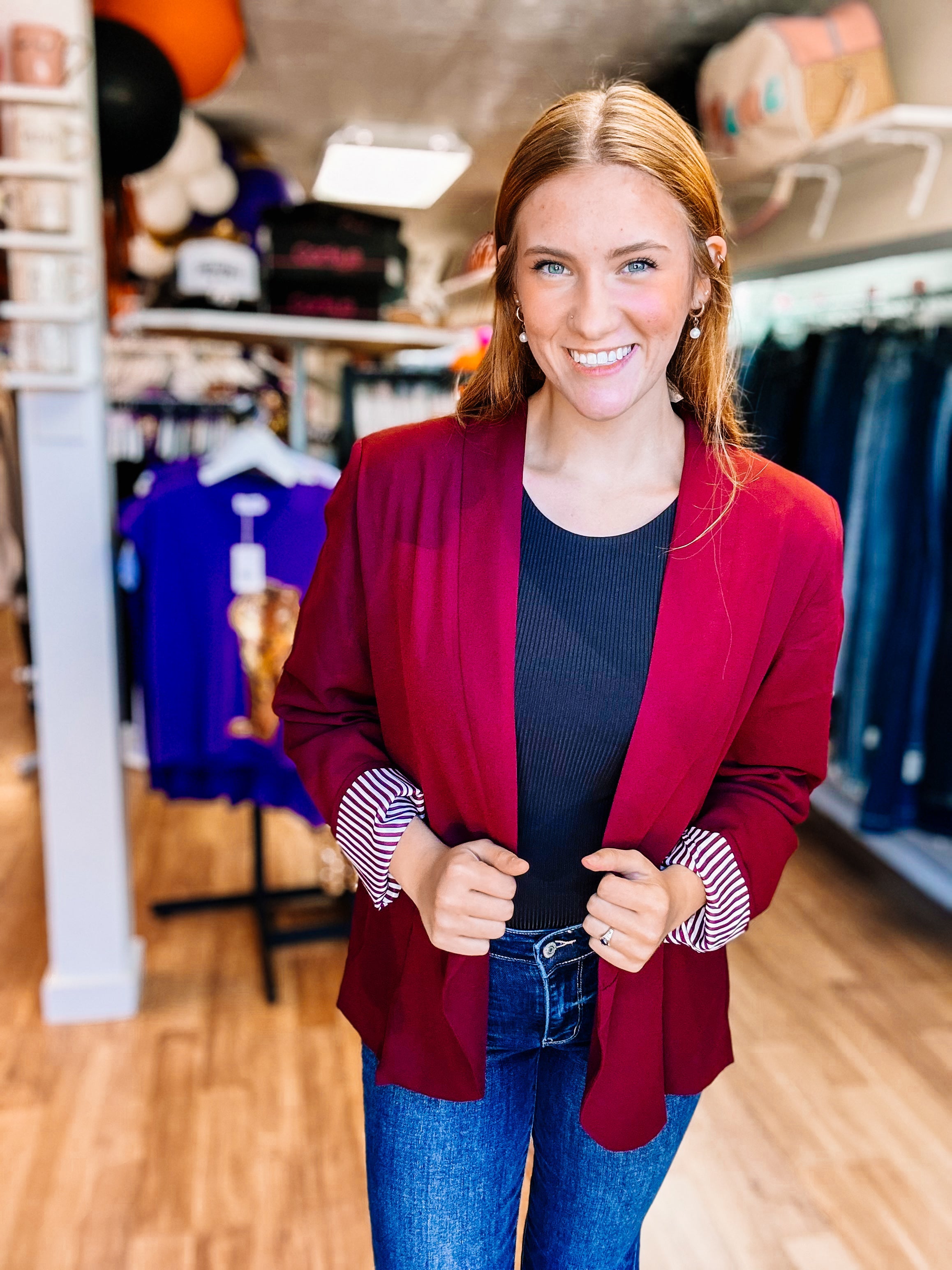 Peyton Blazer - Maroon-Blazers-Dear Me Southern Boutique, located in DeRidder, Louisiana