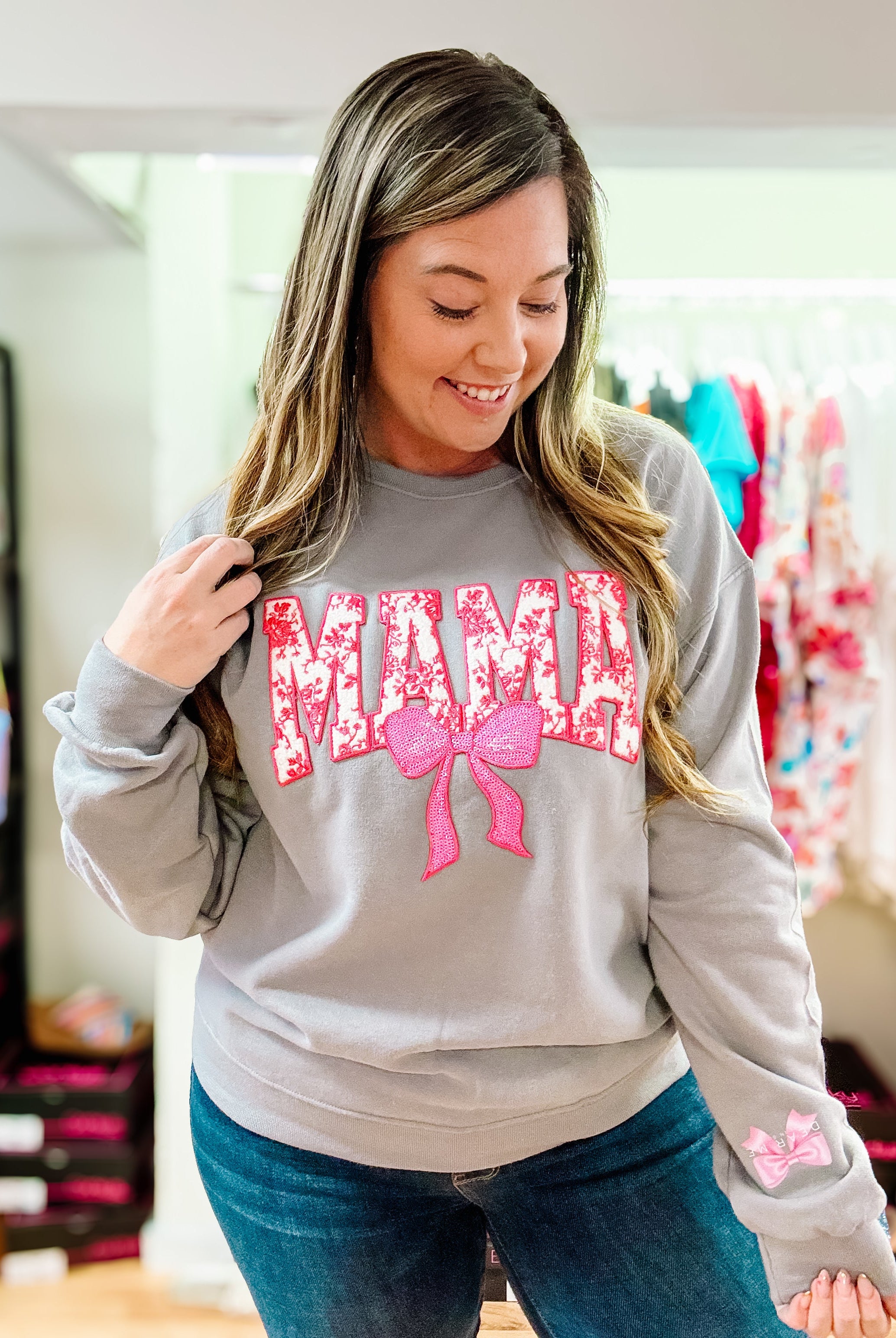Pink MAMA Pullover Sweatshirt-Graphic Tops-Dear Me Southern Boutique, located in DeRidder, Louisiana