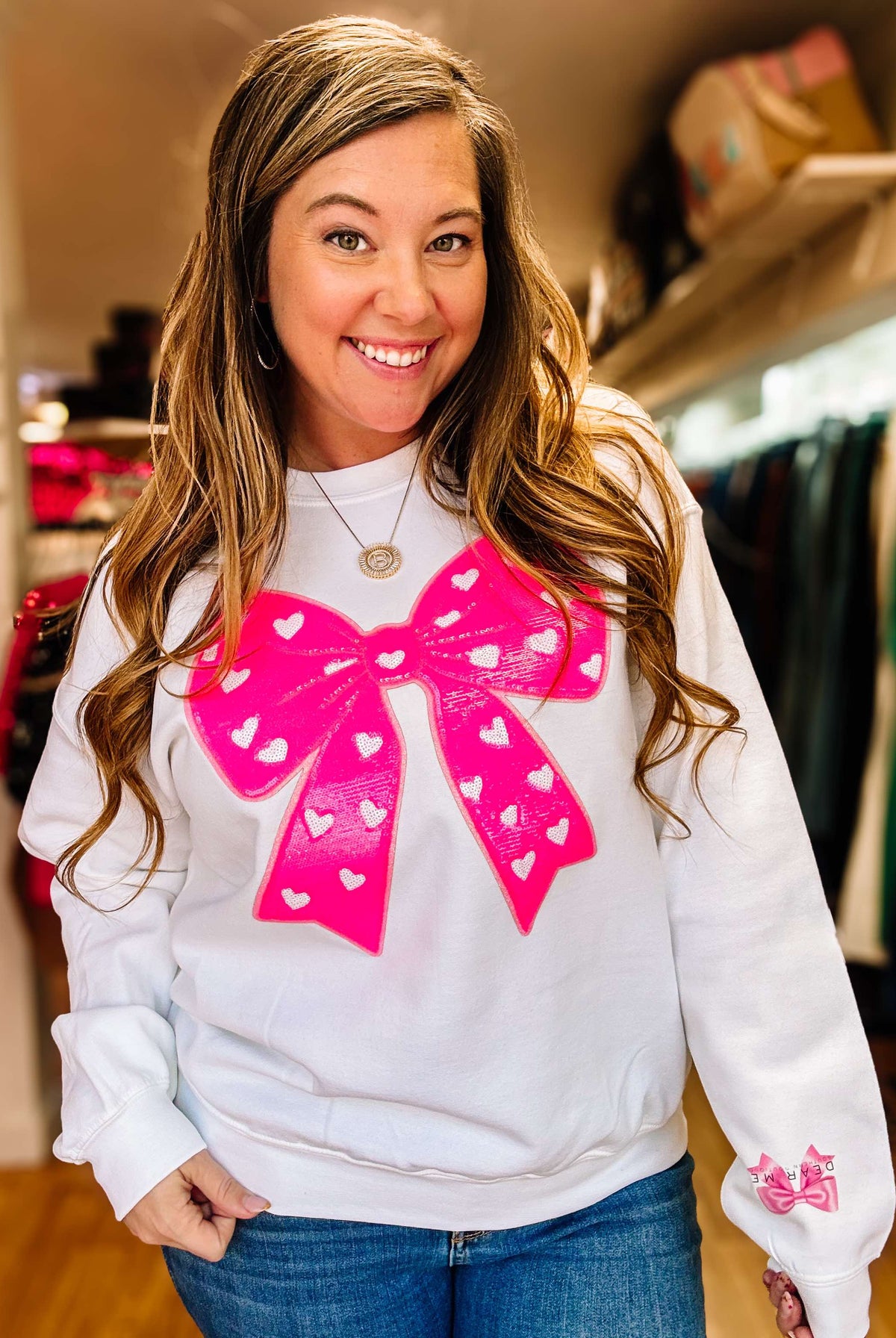 Pink Sequin Coquette Bow Pullover (Multiple Colors)-Sweatshirts-Dear Me Southern Boutique, located in DeRidder, Louisiana