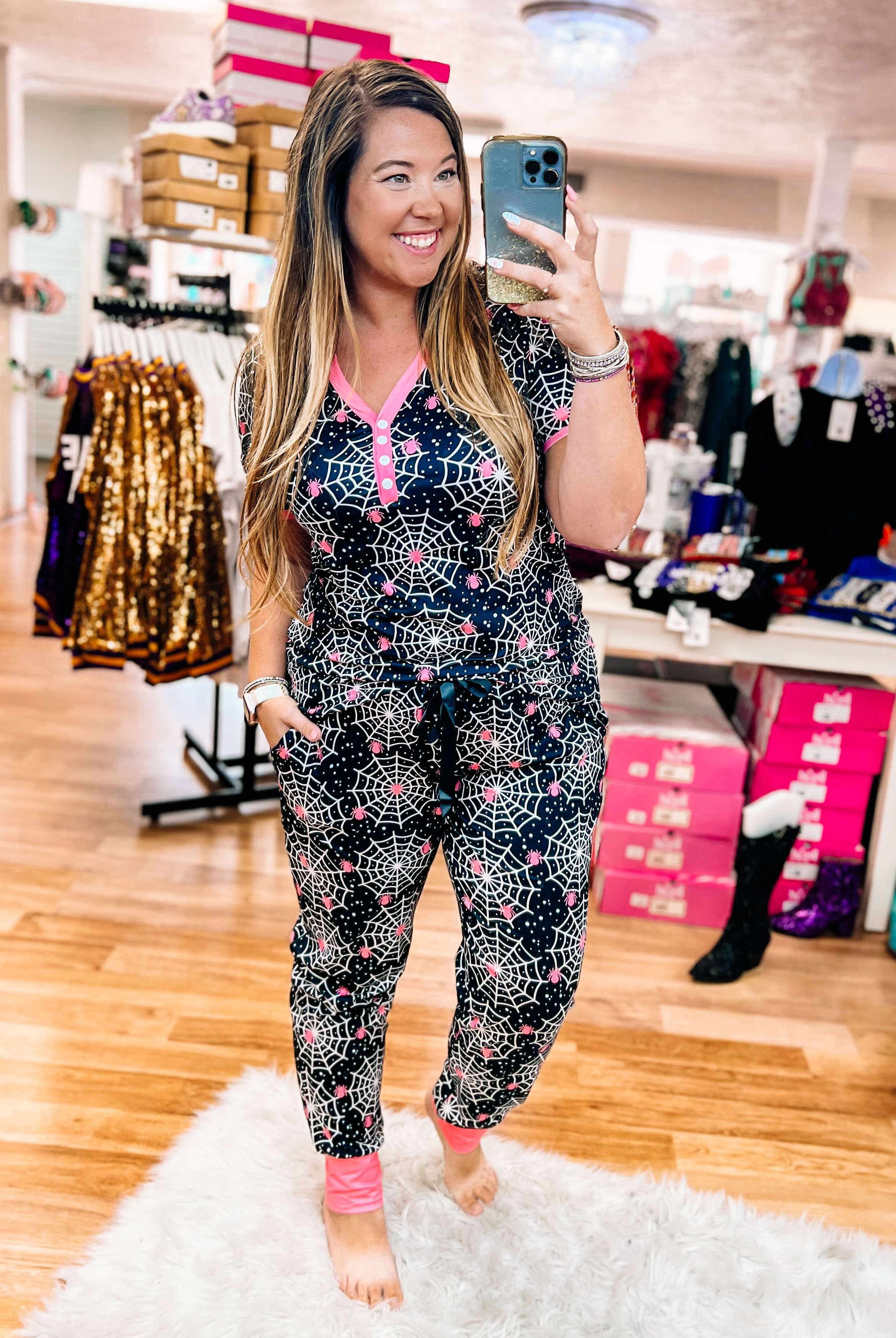 Pink Spider Web Pajama Set-Sleepwear-Dear Me Southern Boutique, located in DeRidder, Louisiana