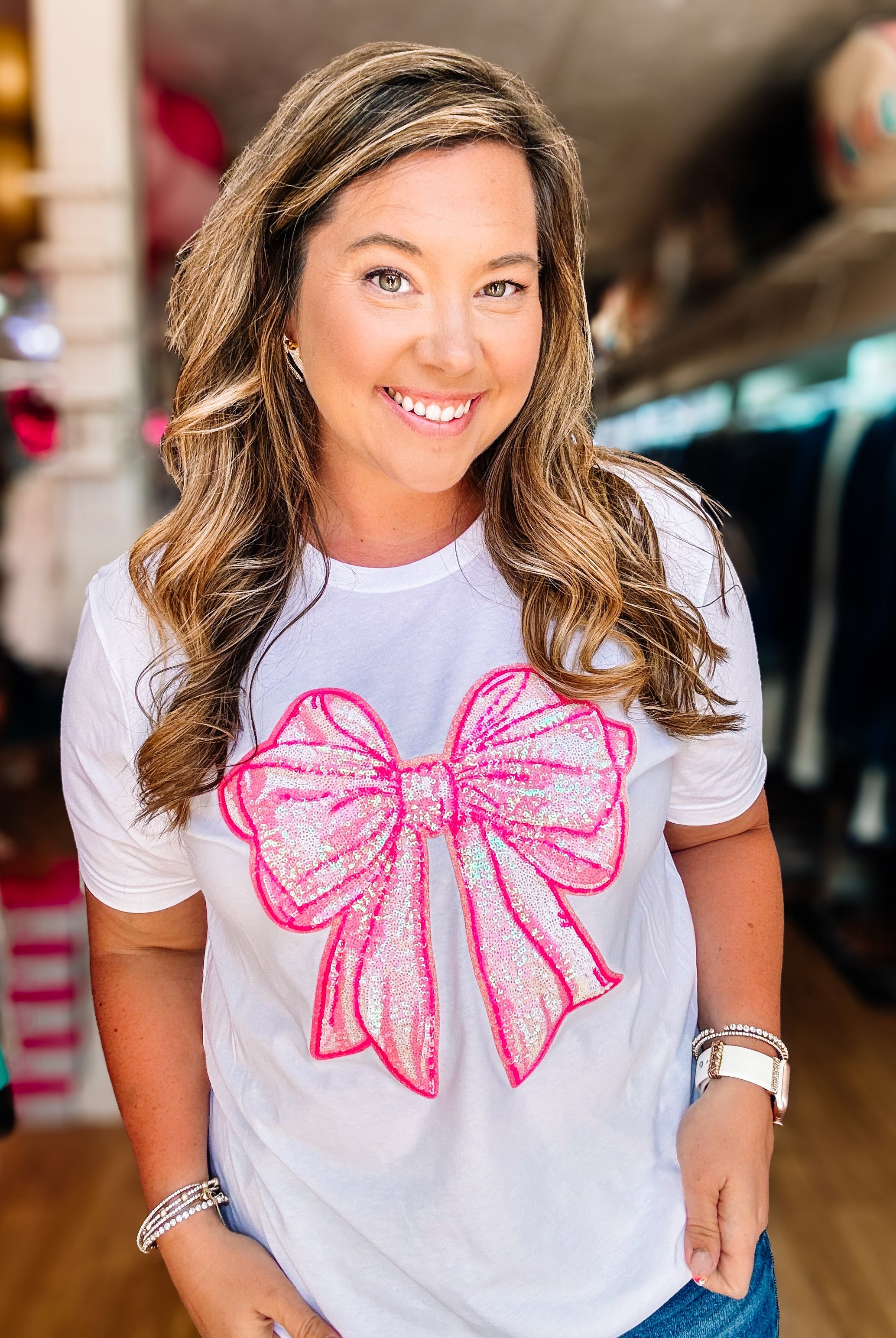 Pink Static Bow Tee-Graphic Tops-Dear Me Southern Boutique, located in DeRidder, Louisiana