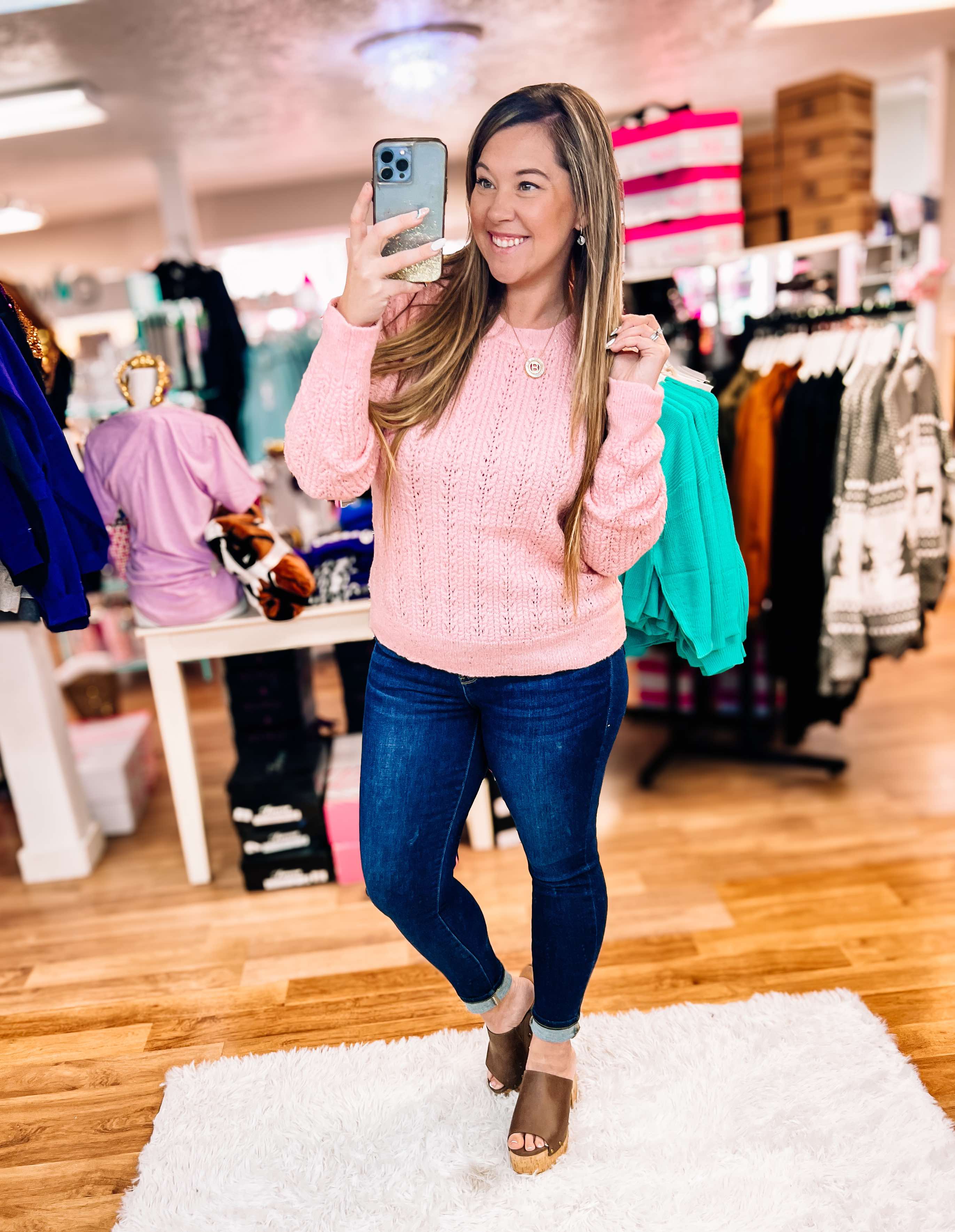 Pixie Pink Sequin Shimmer Knit Sweater-Sweaters-Dear Me Southern Boutique, located in DeRidder, Louisiana