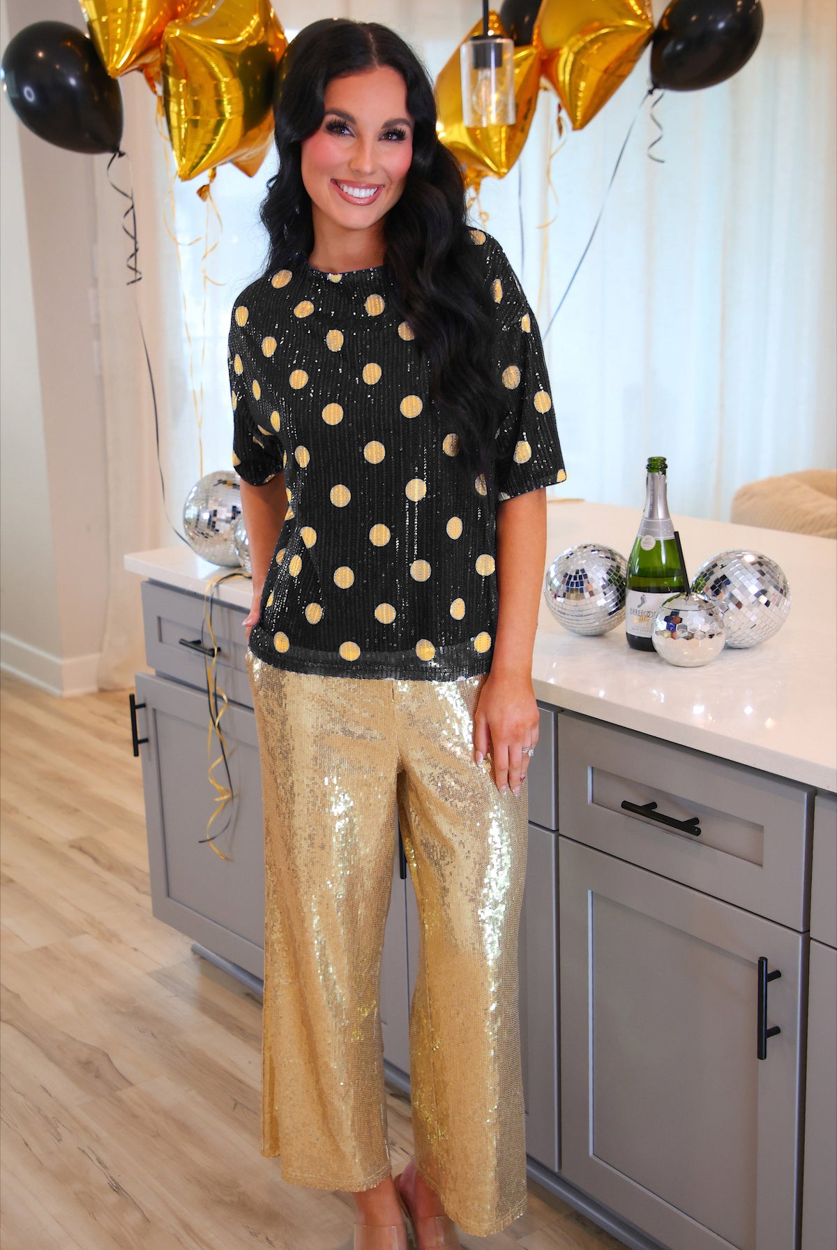 Polka Dot Pop Sequin Top- Black/Gold-Presales-Dear Me Southern Boutique, located in DeRidder, Louisiana