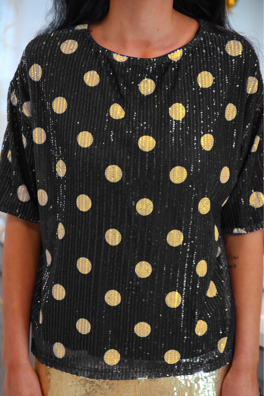 Polka Dot Pop Sequin Top- Black/Gold-Presales-Dear Me Southern Boutique, located in DeRidder, Louisiana