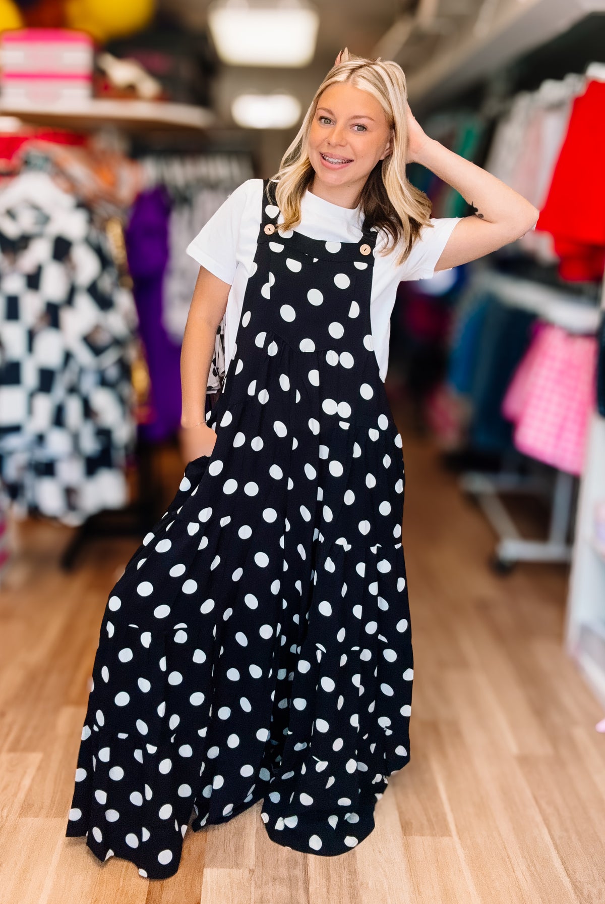 Polka Dot Tiered Wide Leg Overalls-Presales-Dear Me Southern Boutique, located in DeRidder, Louisiana
