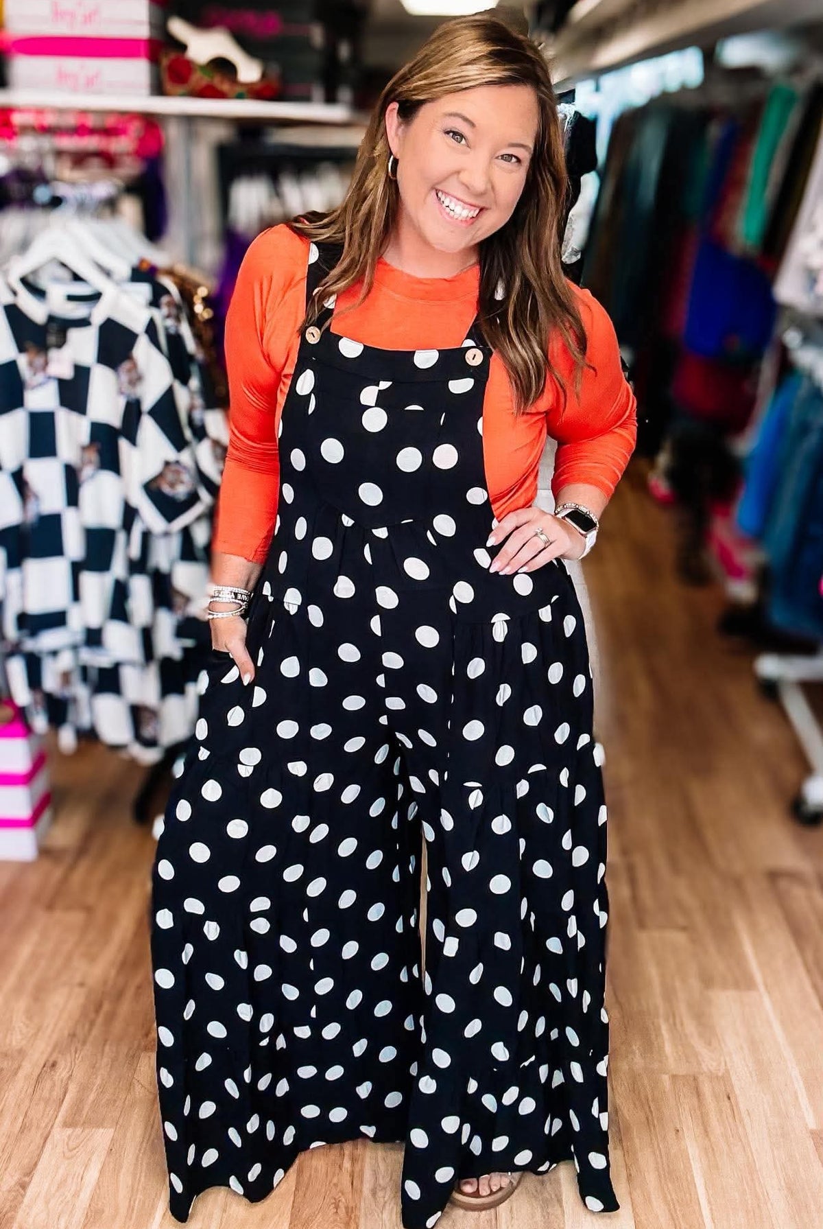 Polka Dot Tiered Wide Leg Overalls-Presales-Dear Me Southern Boutique, located in DeRidder, Louisiana