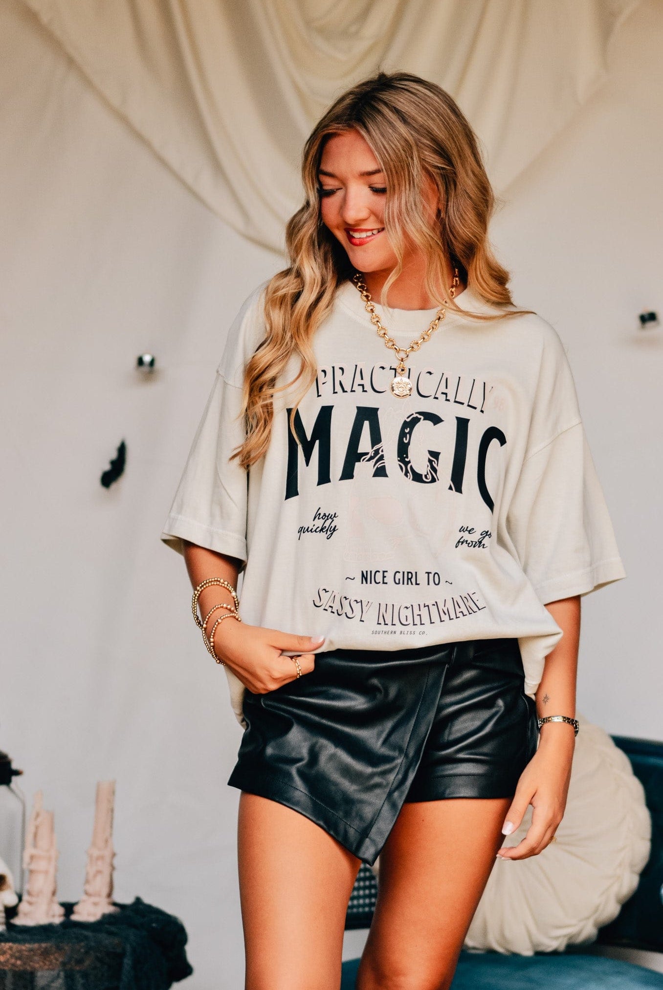Practically Magic Mock Neck Tee-Dear Me Southern Boutique, located in DeRidder, Louisiana