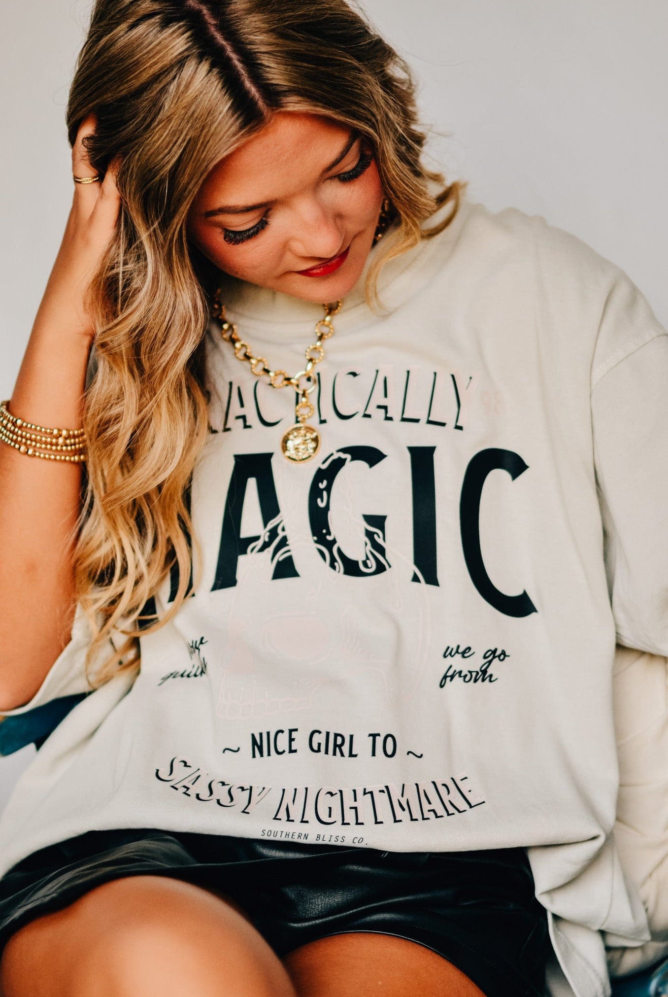 Practically Magic Mock Neck Tee-Dear Me Southern Boutique, located in DeRidder, Louisiana