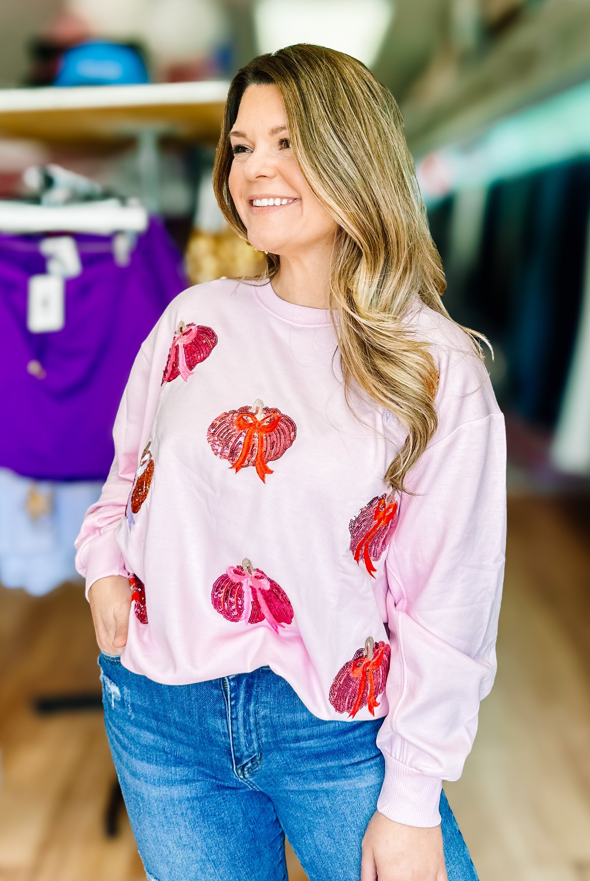 Pretty In Pumpkins Womens Pullover - Pink-Pullover-Dear Me Southern Boutique, located in DeRidder, Louisiana