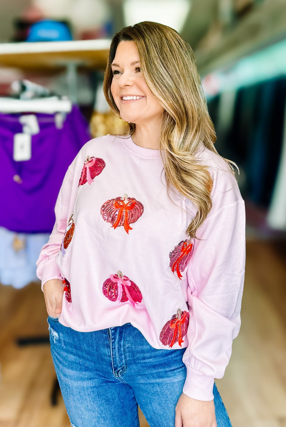 Pretty In Pumpkins Womens Pullover - Pink-Sweatshirts-Dear Me Southern Boutique, located in DeRidder, Louisiana