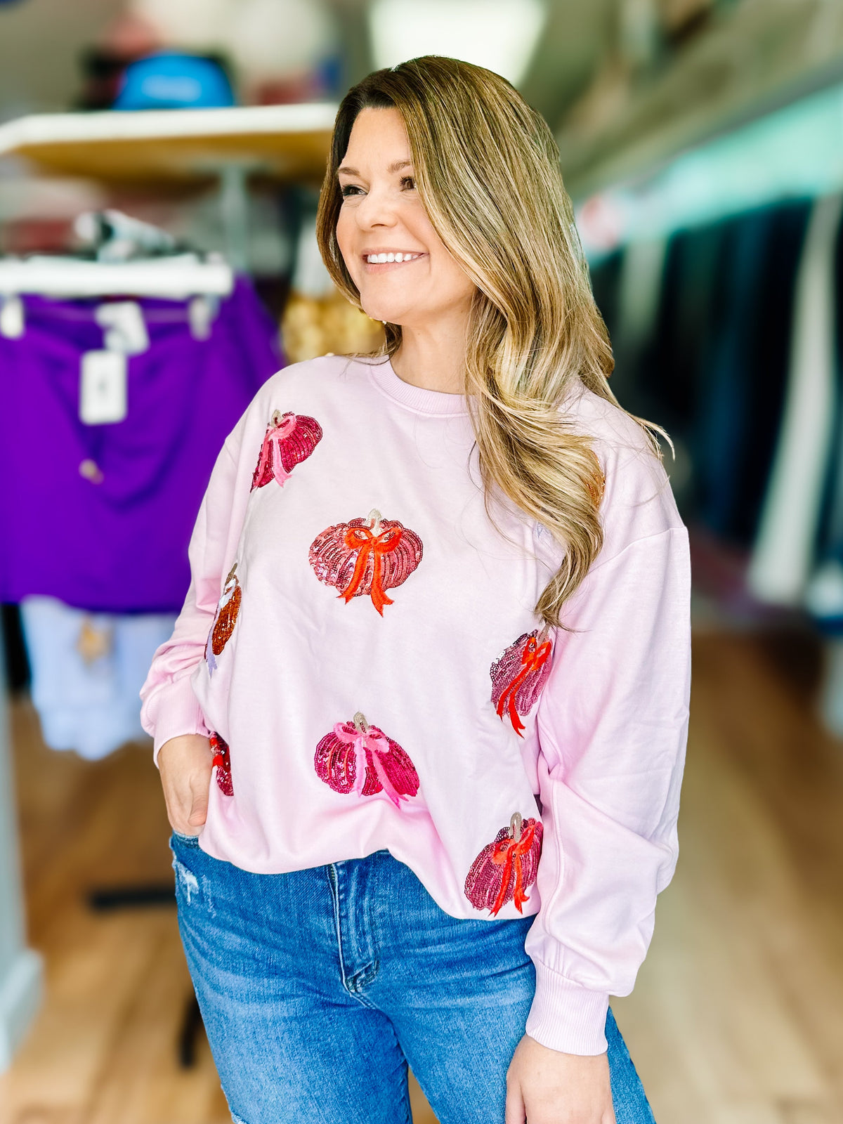 Pretty In Pumpkins Womens Pullover - Pink-Sweatshirts-Dear Me Southern Boutique, located in DeRidder, Louisiana