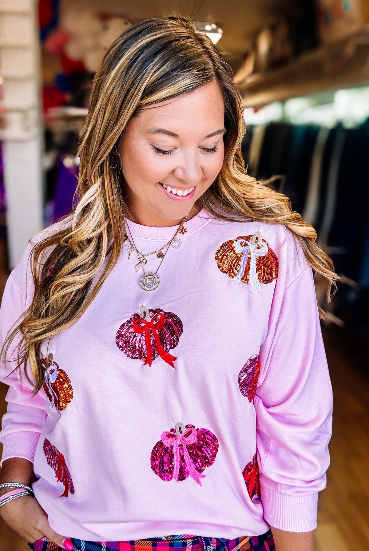 Pretty In Pumpkins Womens Pullover - Pink-Sweatshirts-Dear Me Southern Boutique, located in DeRidder, Louisiana