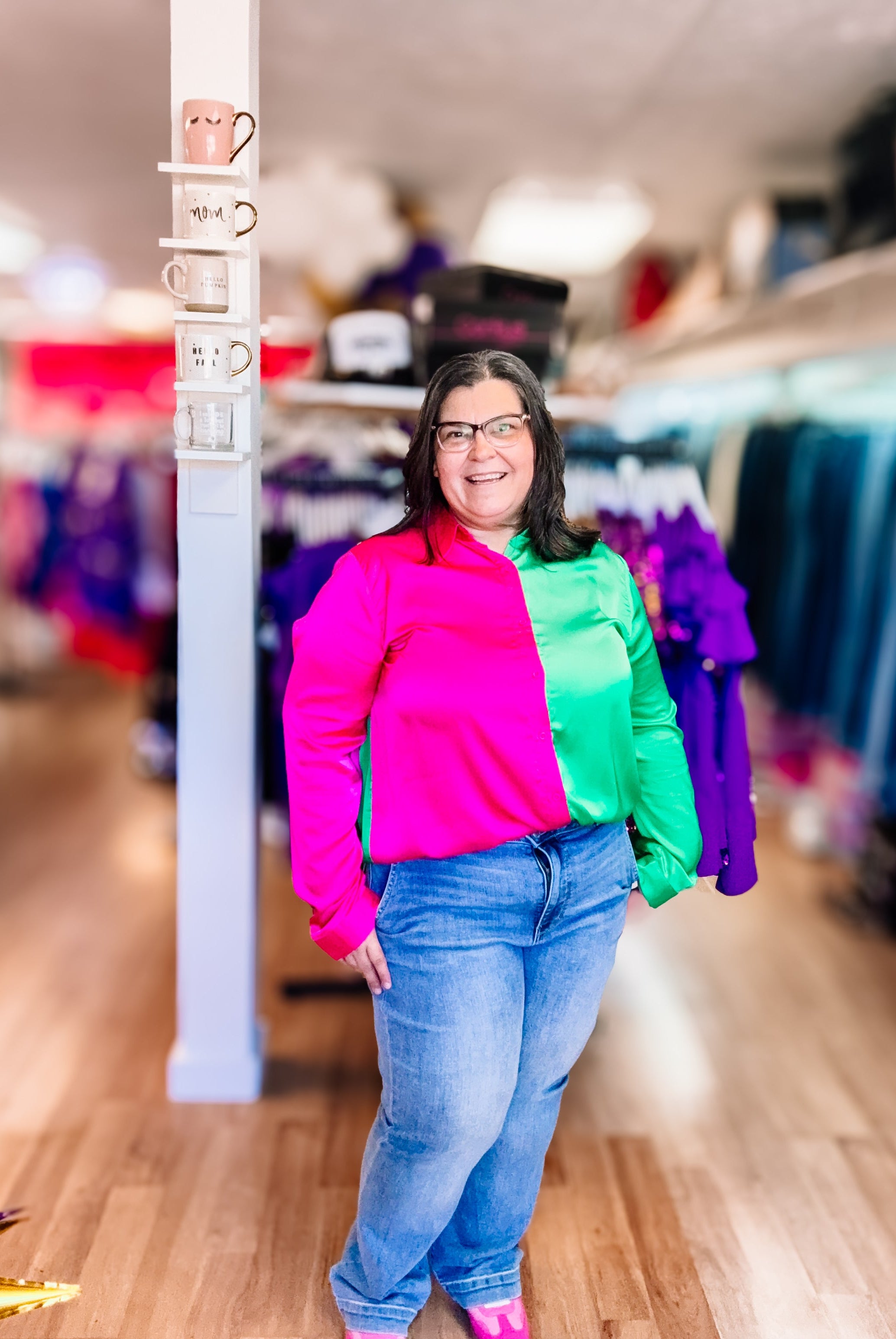 Pretty Wicked Split Satin Blouse-Blouses-Dear Me Southern Boutique, located in DeRidder, Louisiana