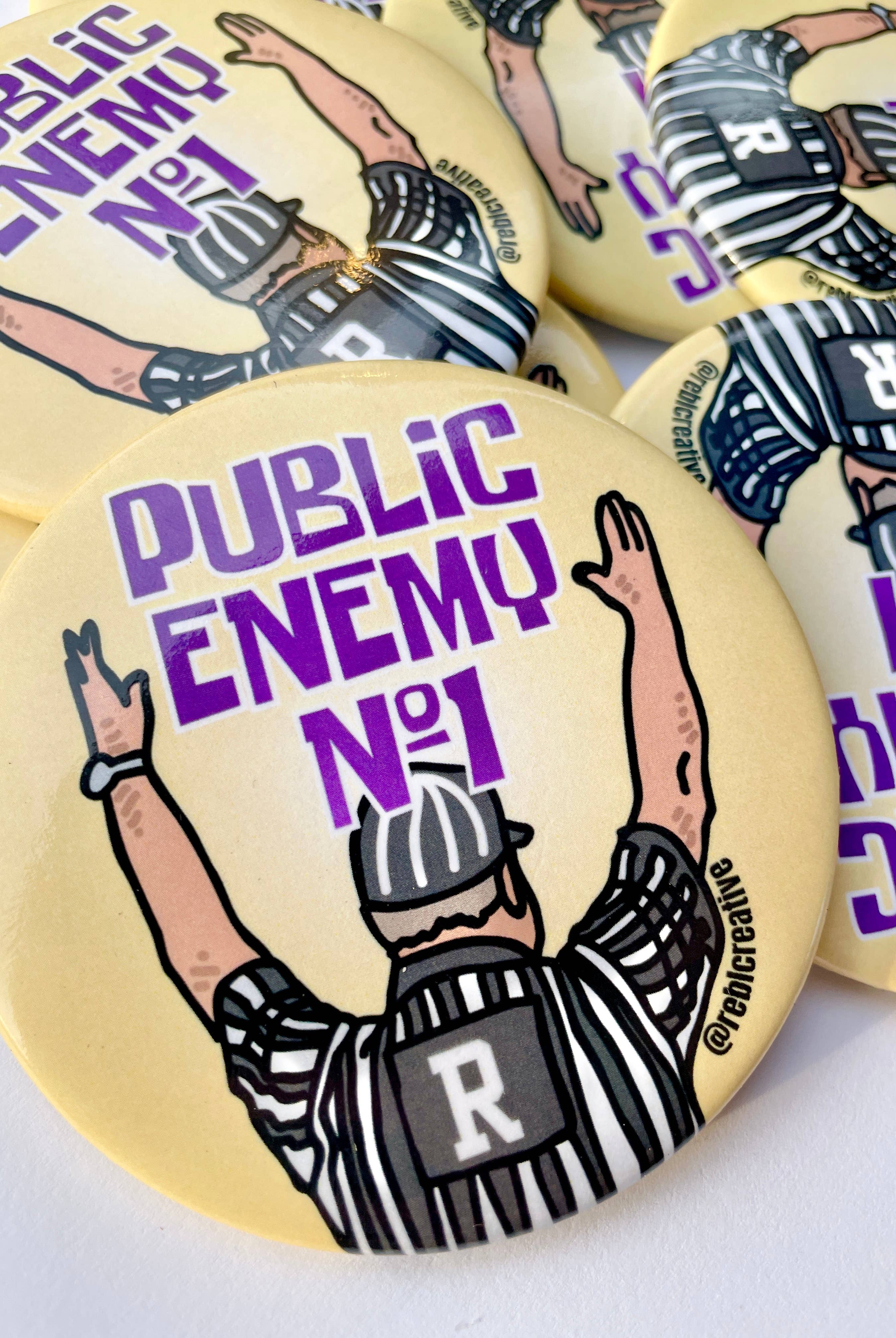 Public Enemy No. 1 - Purple & Yellow - Game Day Button-Dear Me Southern Boutique, located in DeRidder, Louisiana