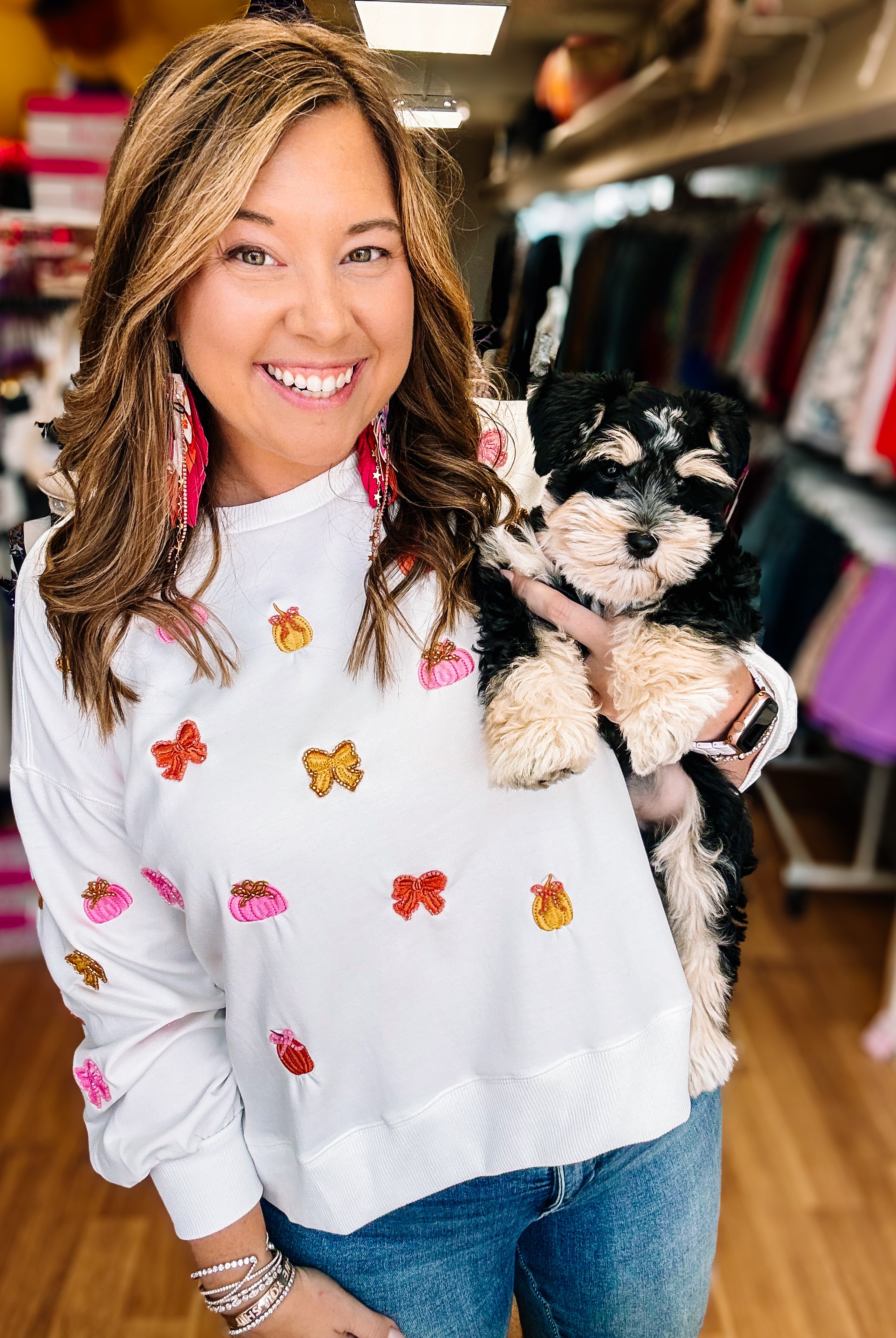 Pumpkin Bows Perfection Embroidered Pullover-Top-Dear Me Southern Boutique, located in DeRidder, Louisiana