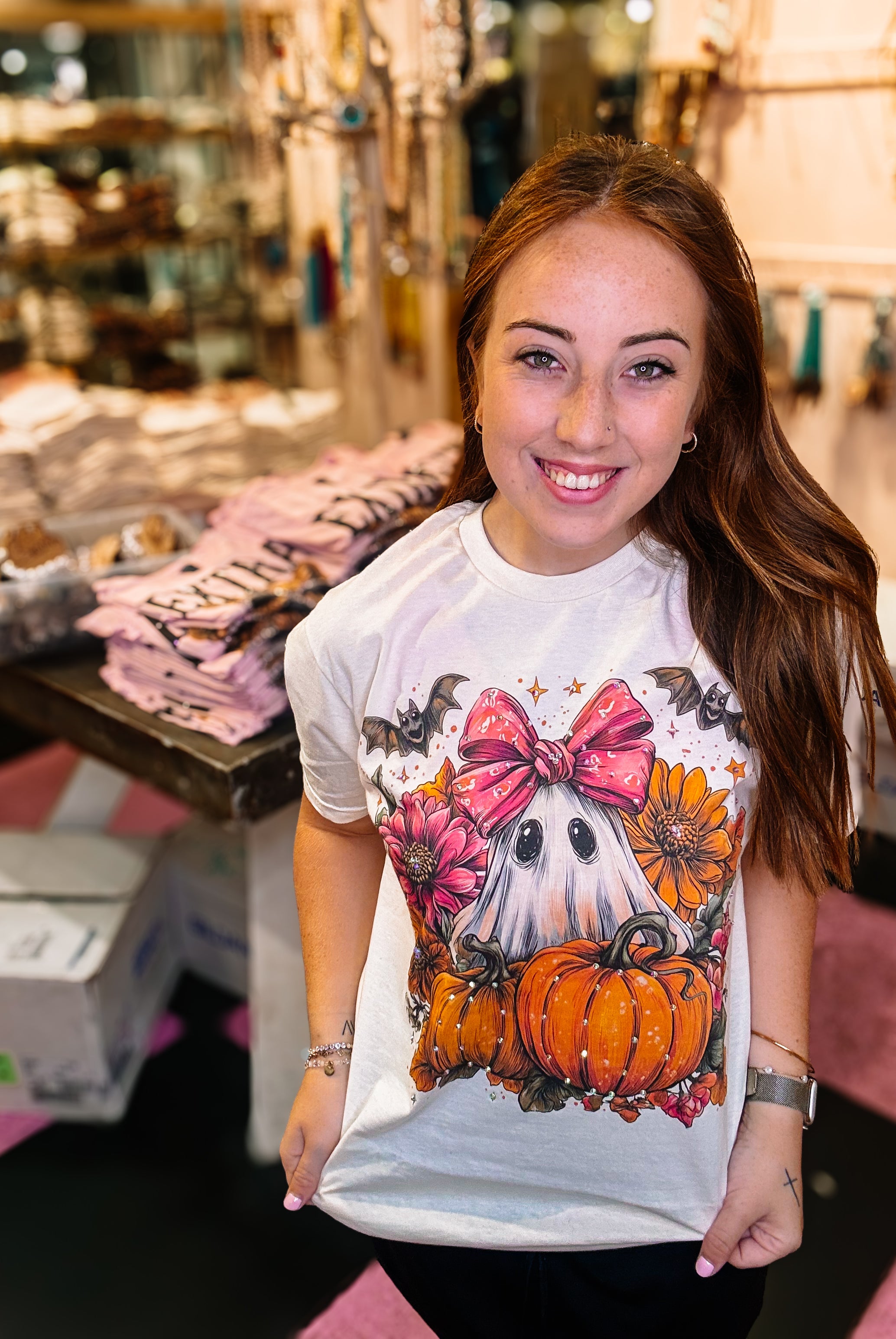 Pumpkin Patch & Ghost Bougie Rhinestone Tee-Dear Me Southern Boutique, located in DeRidder, Louisiana
