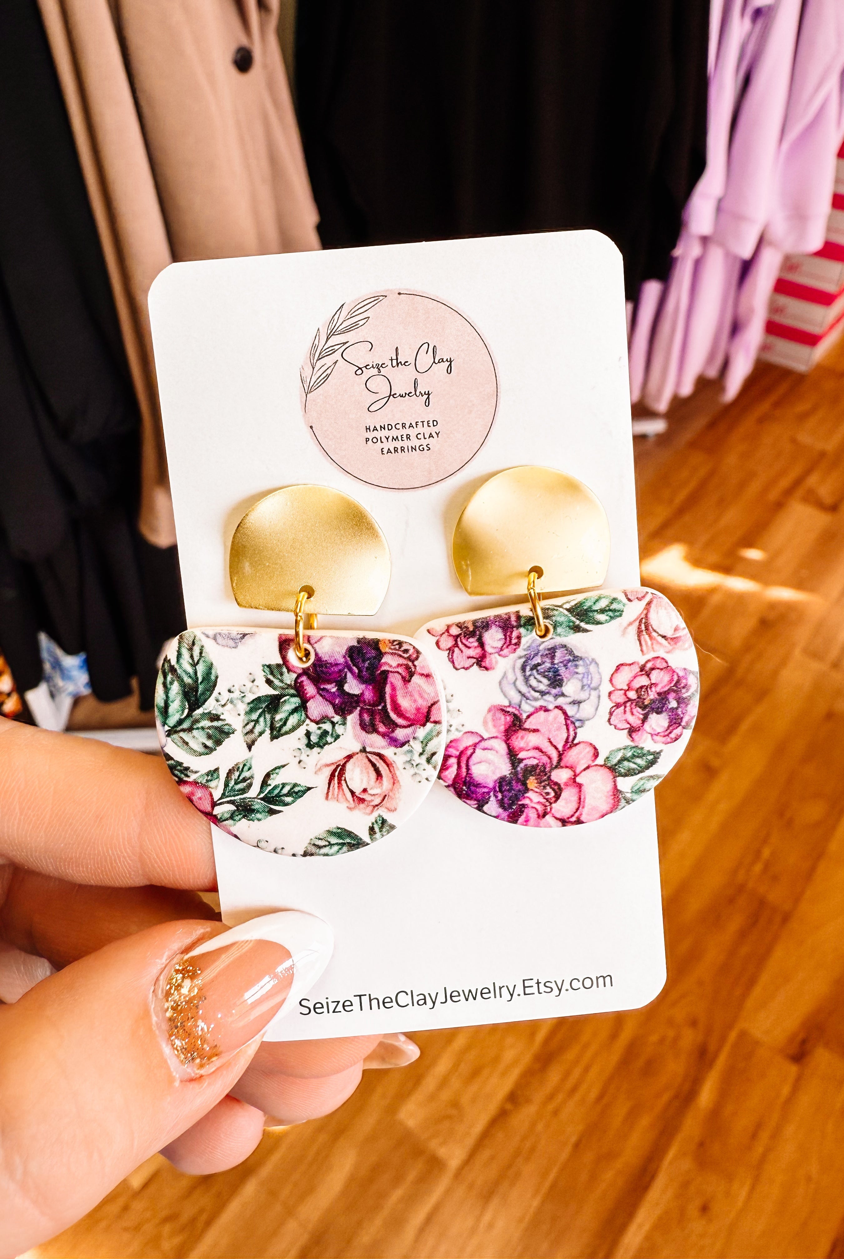 Purple Floral Clay Earrings-Earrings-Dear Me Southern Boutique, located in DeRidder, Louisiana