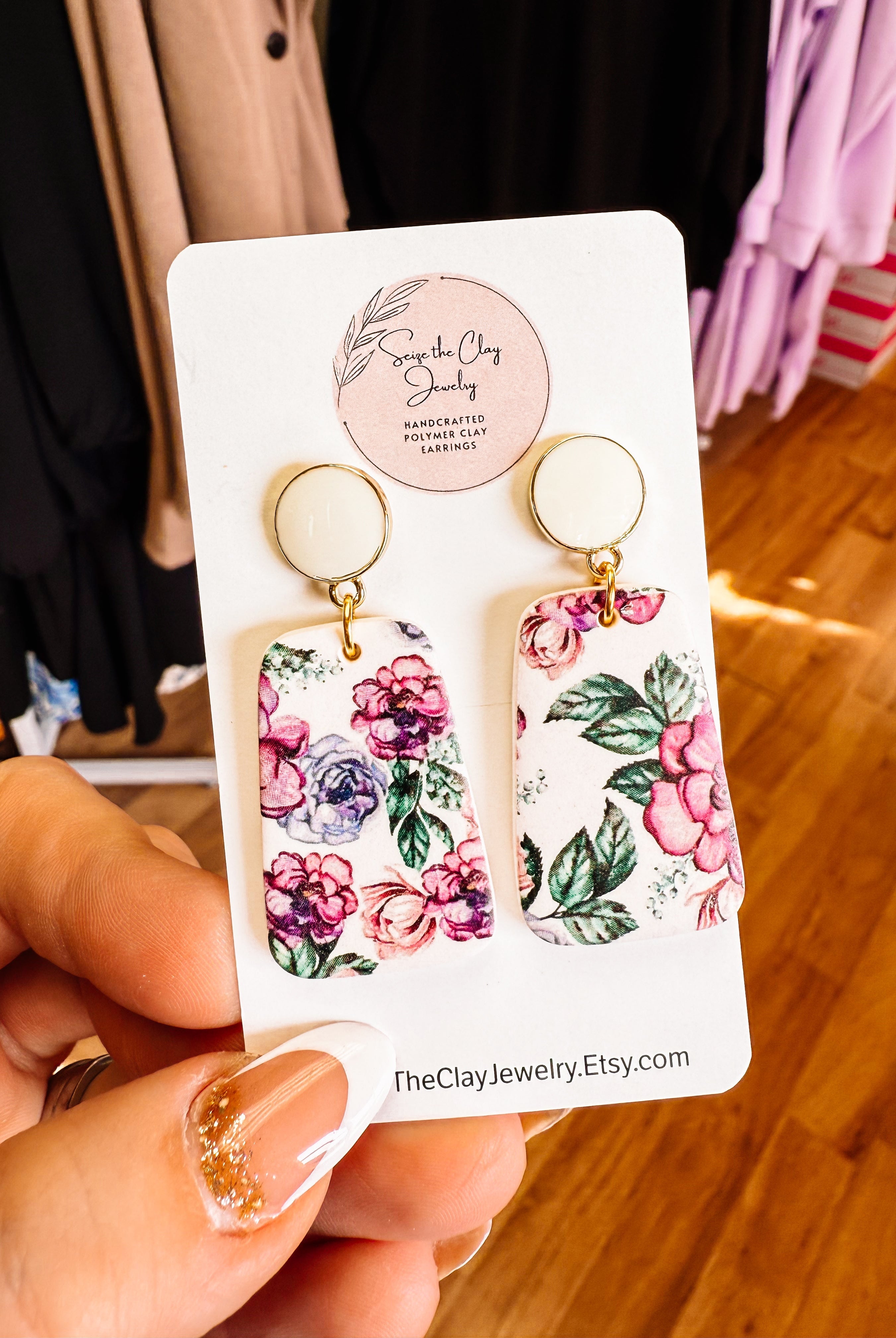Purple Floral Clay Earrings-Earrings-Dear Me Southern Boutique, located in DeRidder, Louisiana