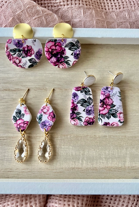 Purple Floral Clay Earrings-Earrings-Dear Me Southern Boutique, located in DeRidder, Louisiana
