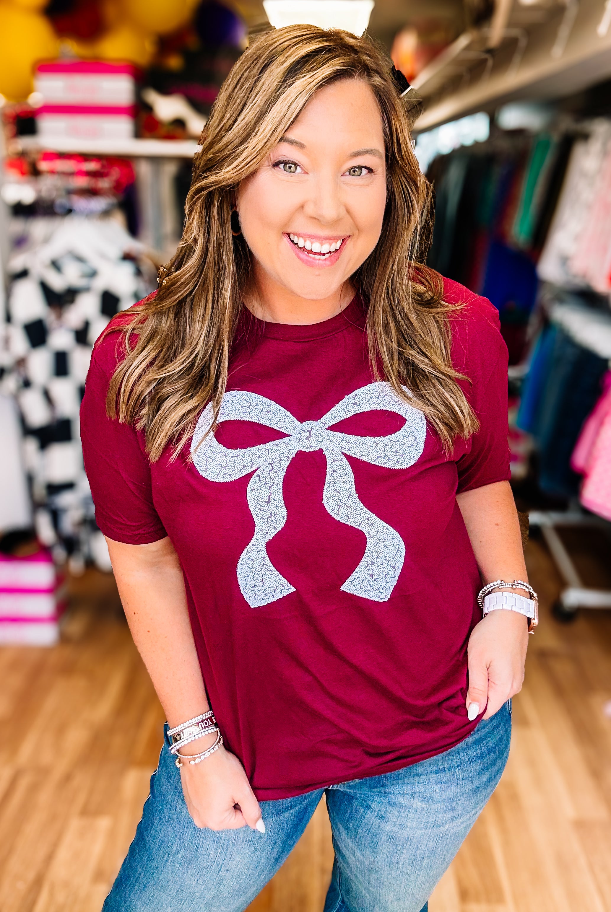 Put A Bow On It Sequin Tee - Maroon/White-Graphic Tops-Dear Me Southern Boutique, located in DeRidder, Louisiana