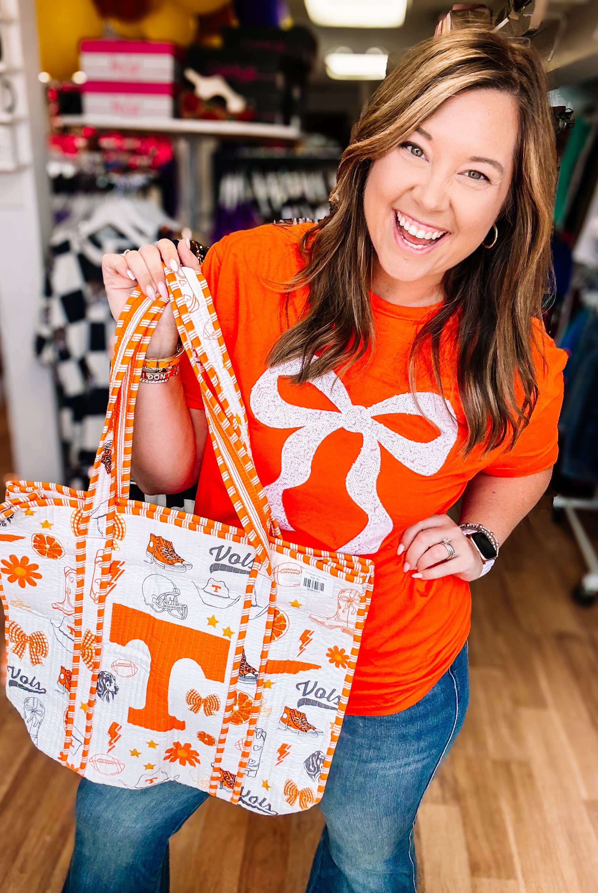 Put A Bow On It Sequin Tee - Orange-Graphic Tops-Dear Me Southern Boutique, located in DeRidder, Louisiana