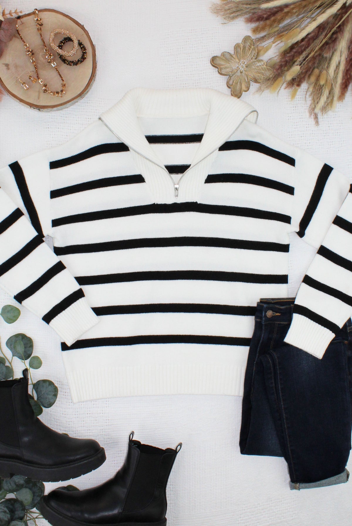 Quarter Zip Striped Pullover - Black and White-Sweaters-Dear Me Southern Boutique, located in DeRidder, Louisiana