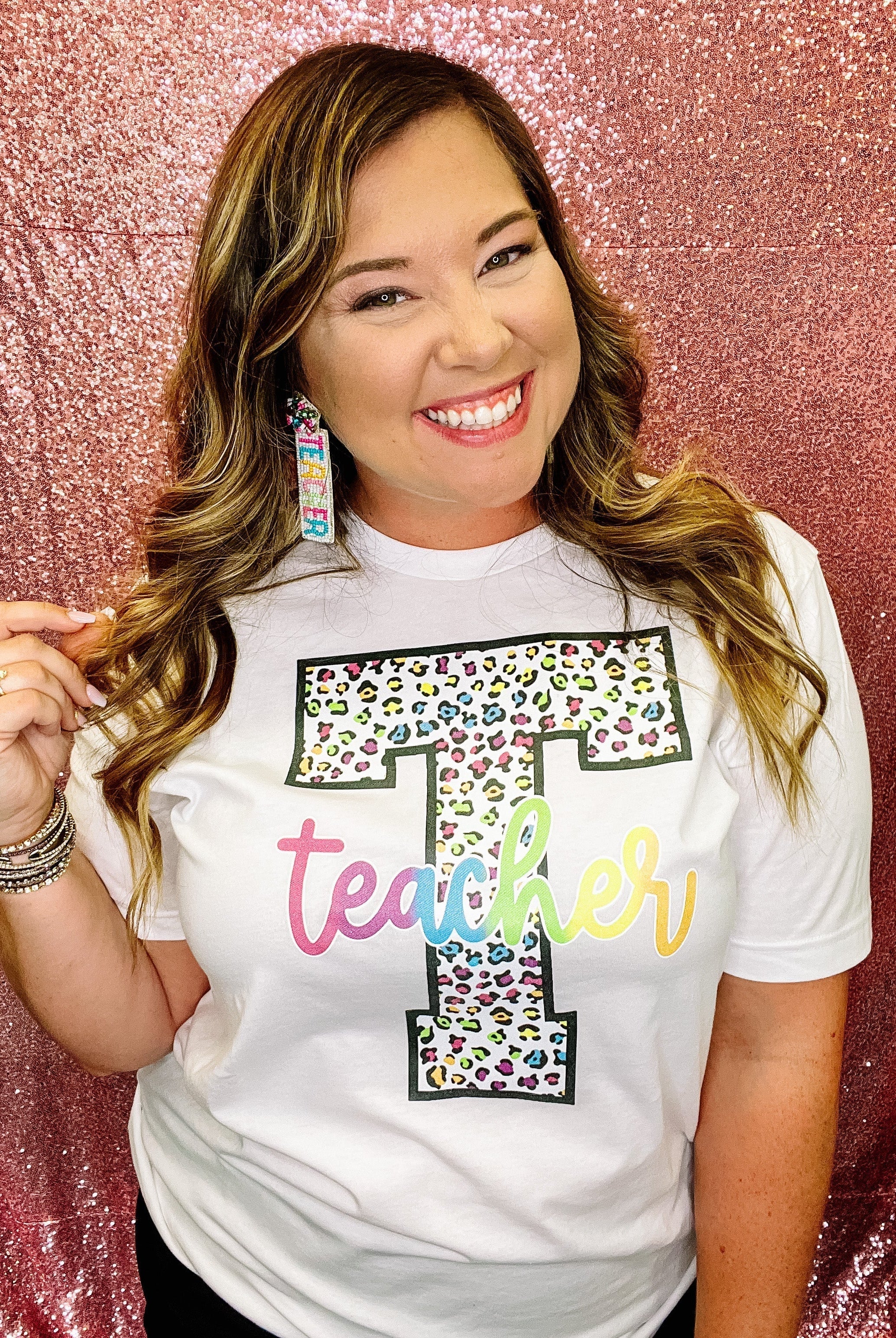 Rainbow Leopard Teacher Tee-Graphic Tops-Dear Me Southern Boutique, located in DeRidder, Louisiana