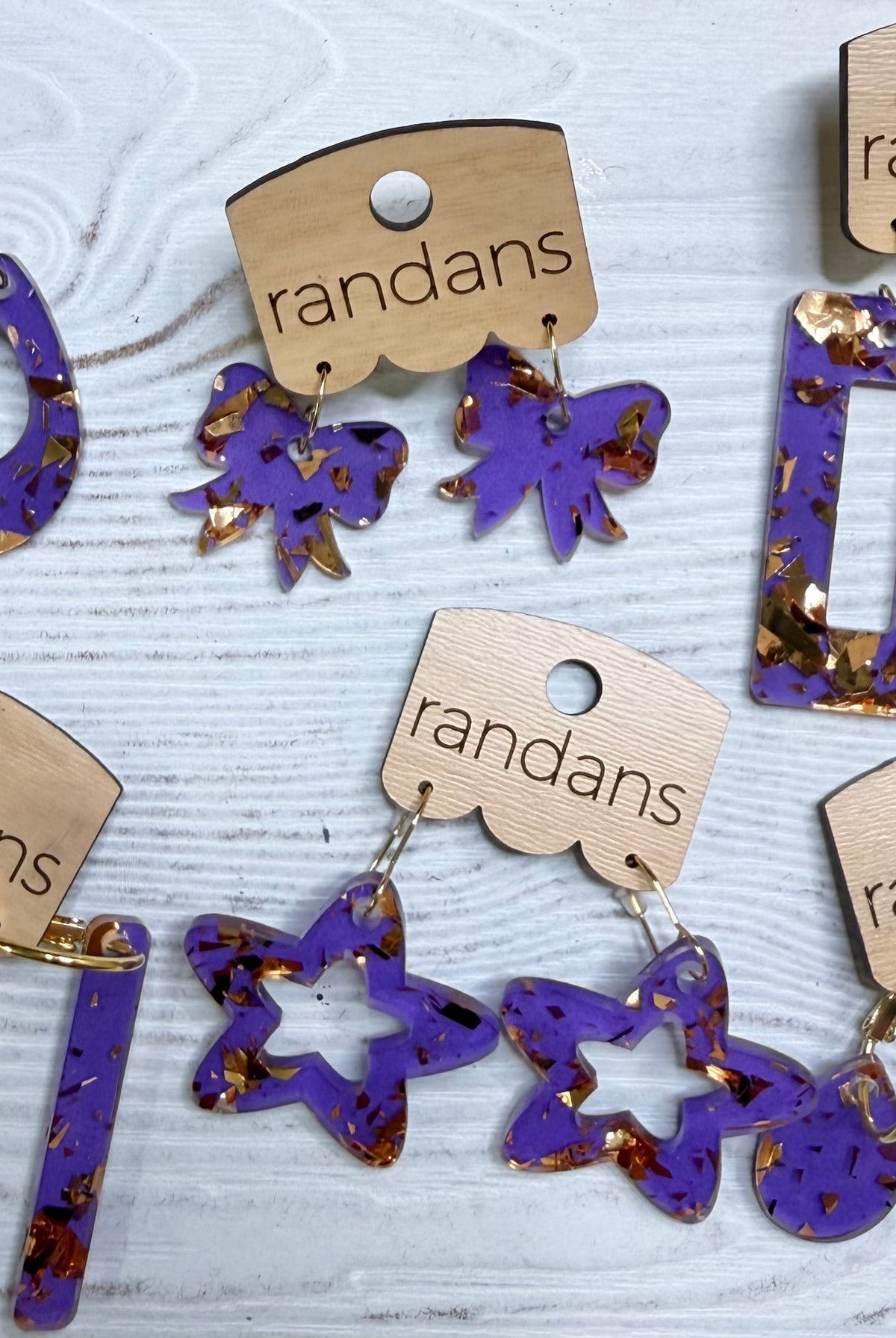 Randans acrylic dangle earrings- purple and gold-Presales-Dear Me Southern Boutique, located in DeRidder, Louisiana