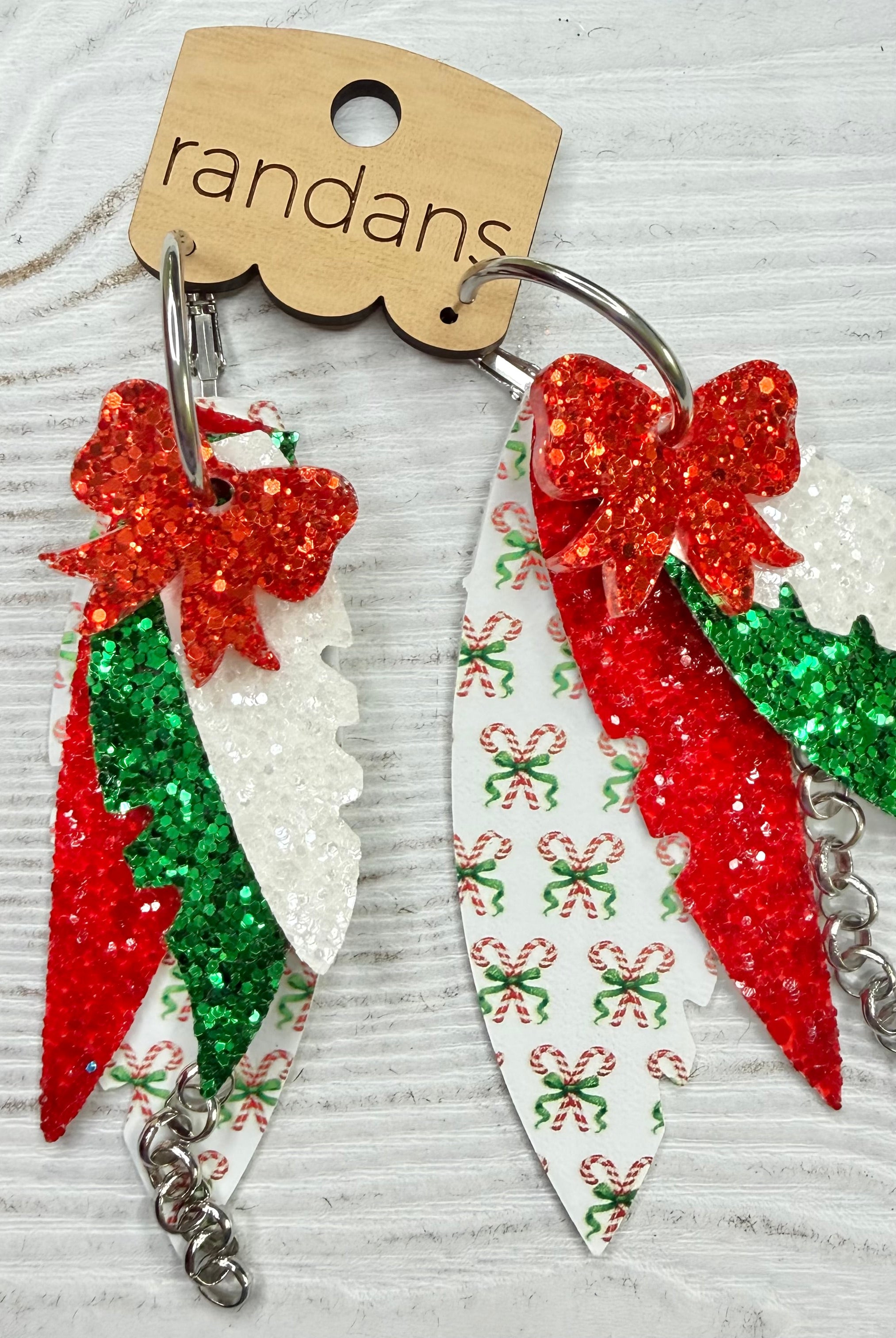 Randans fringe hoop earrings- Christmas- candy cane bows-Dear Me Southern Boutique, located in DeRidder, Louisiana
