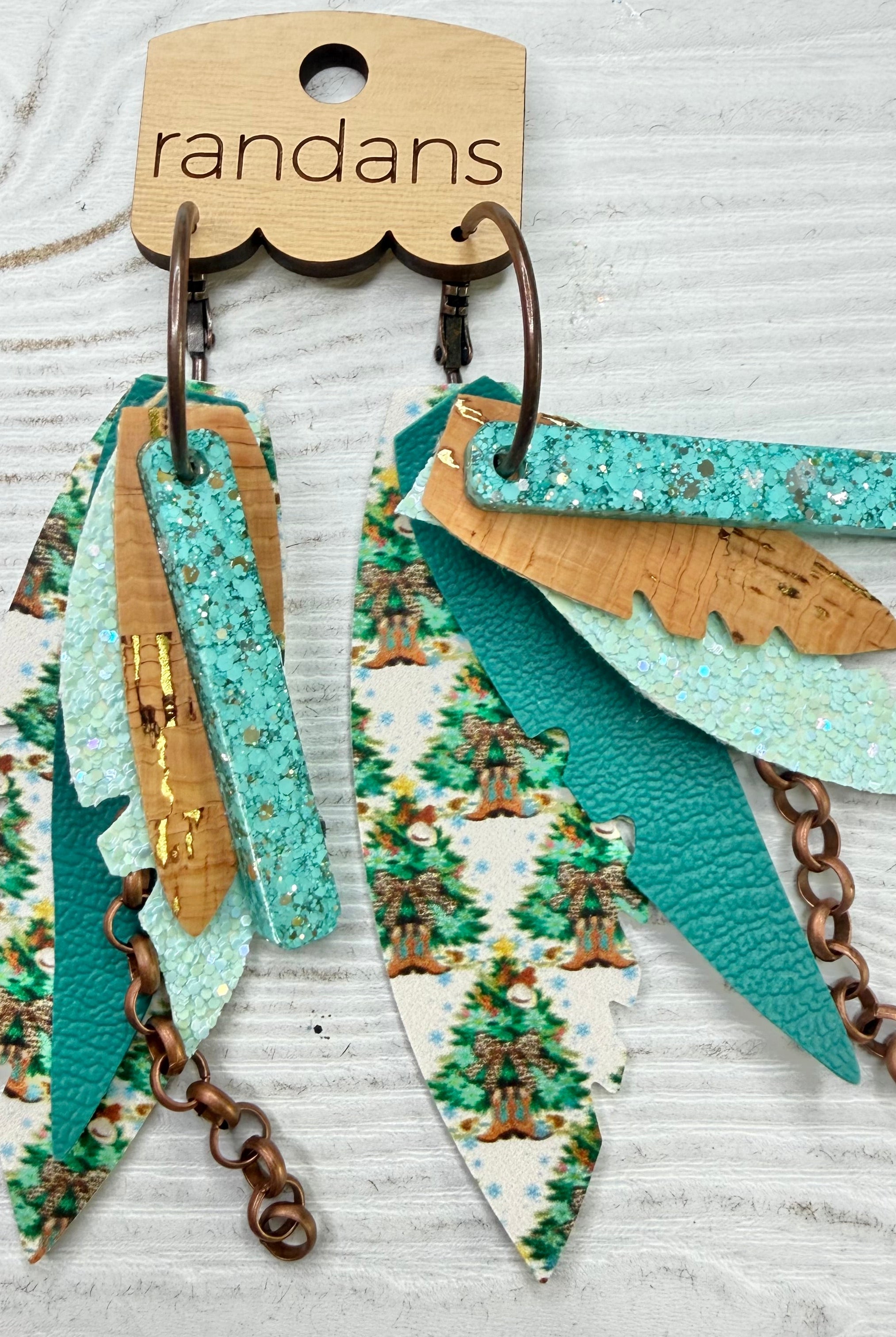 Randans fringe hoop earrings- Christmas- turquoise trees-Dear Me Southern Boutique, located in DeRidder, Louisiana