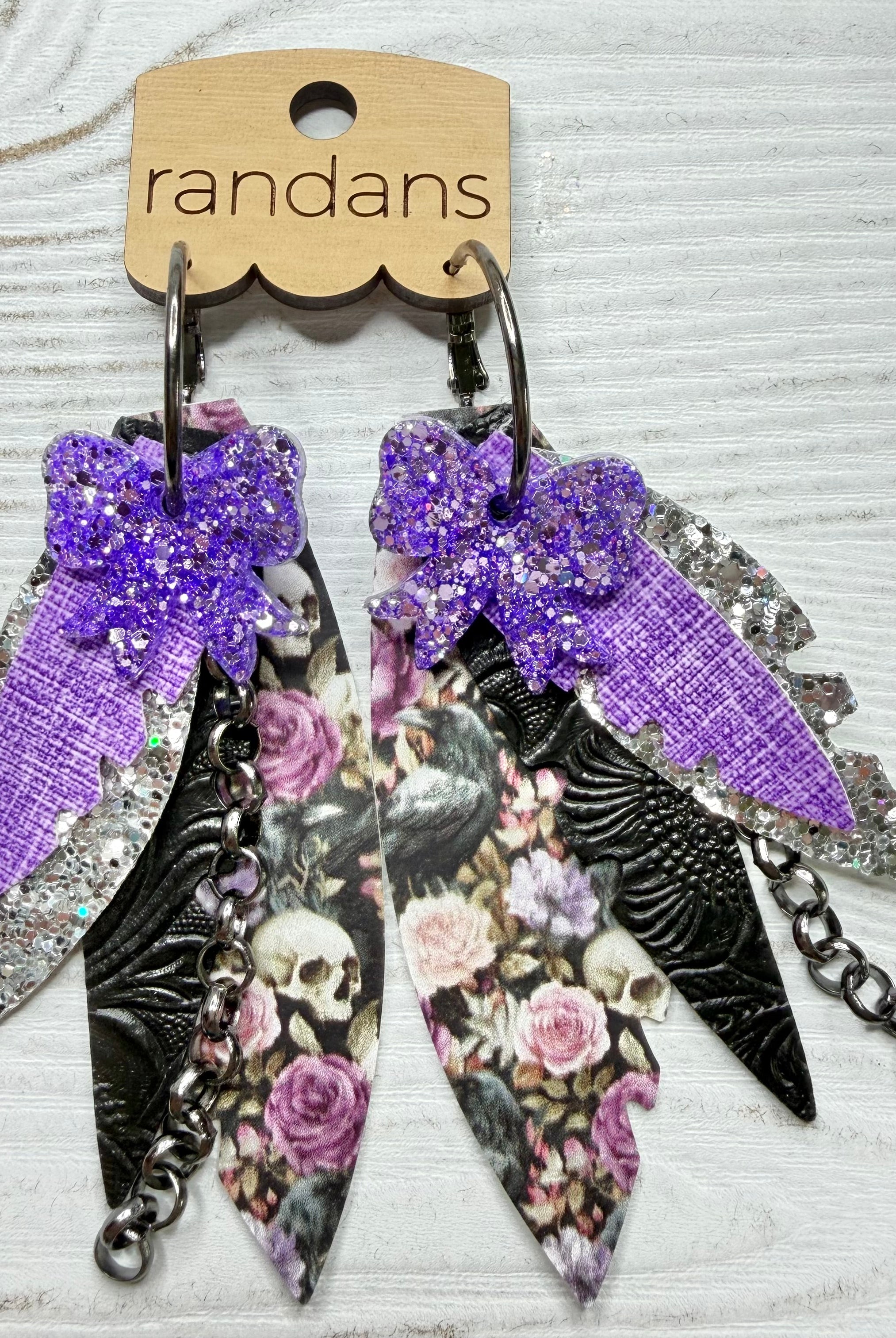 Randans fringe hoop earrings- Halloween- purple floral skull-Dear Me Southern Boutique, located in DeRidder, Louisiana