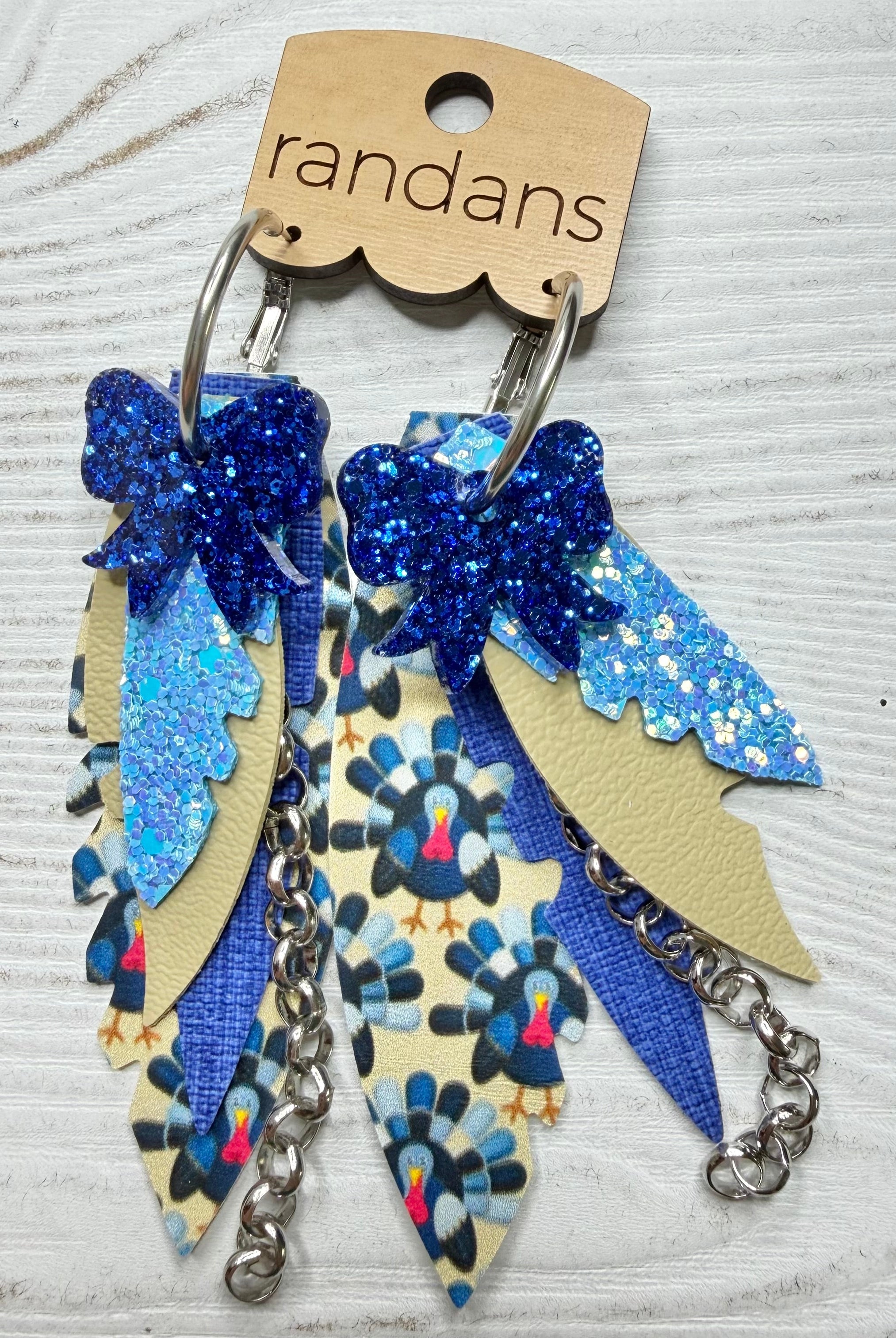 Randans fringe hoop earrings- Thanksgiving- blue turkey-Dear Me Southern Boutique, located in DeRidder, Louisiana