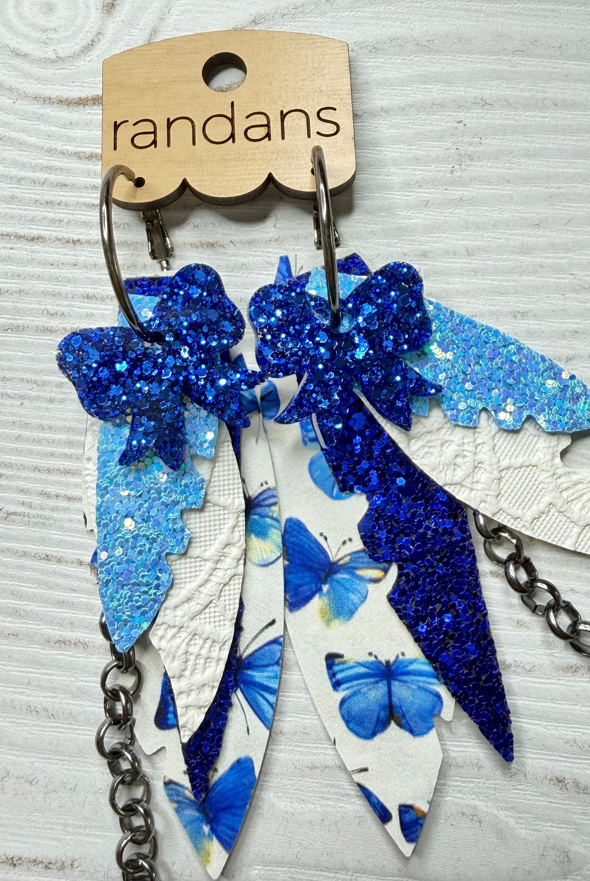 Randans fringe hoop earrings- butterflies- blue-Dear Me Southern Boutique, located in DeRidder, Louisiana