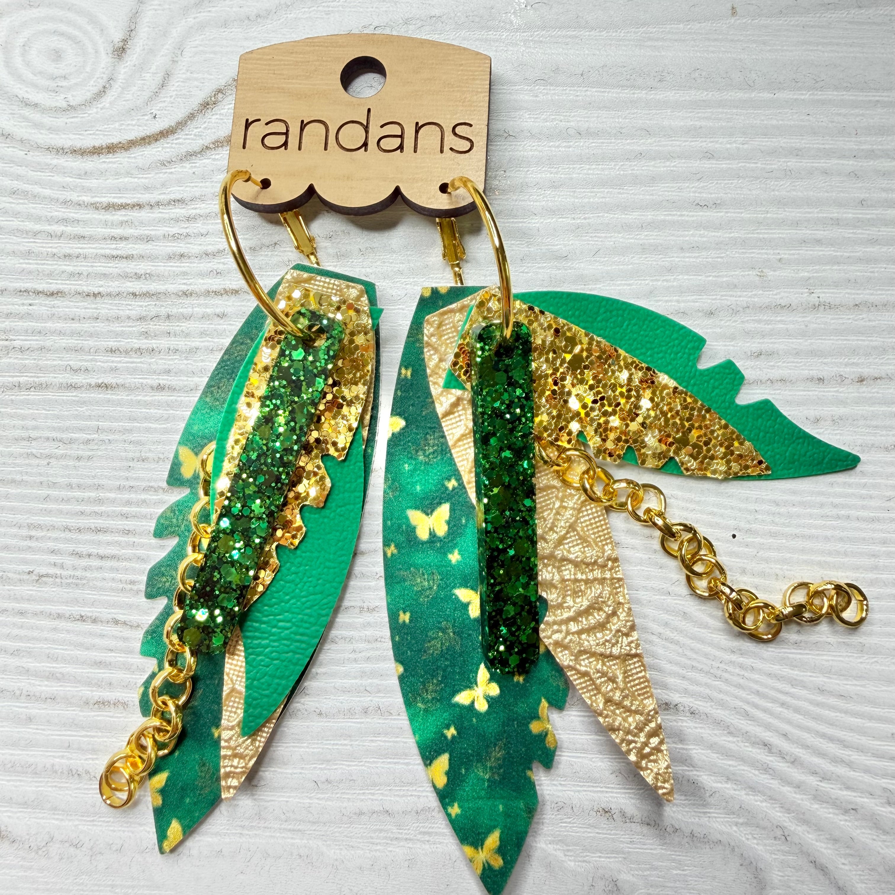Randans fringe hoop earrings- butterflies- green gold-Dear Me Southern Boutique, located in DeRidder, Louisiana