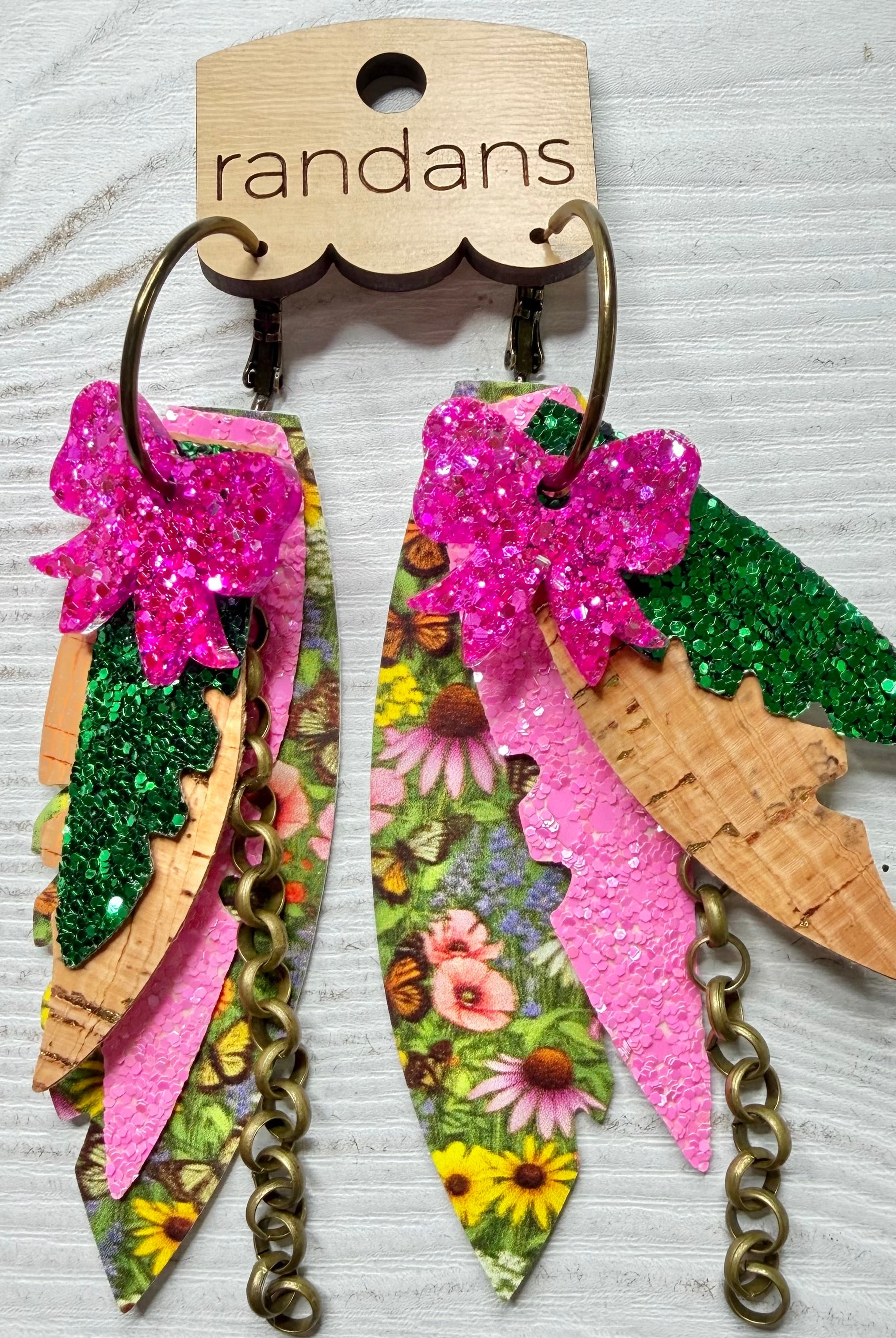 Randans fringe hoop earrings- butterflies- pink green-Dear Me Southern Boutique, located in DeRidder, Louisiana