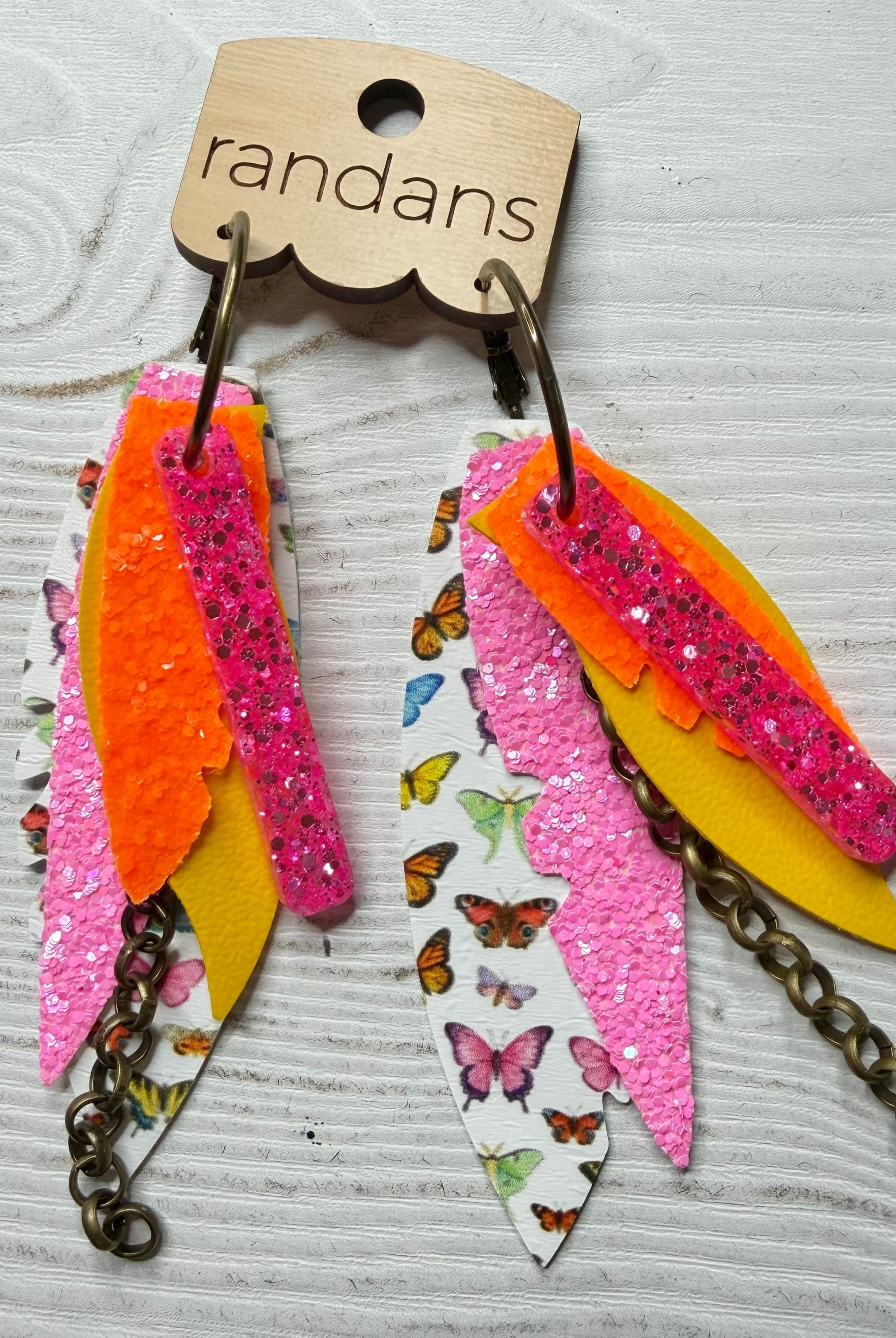 Randans fringe hoop earrings- butterflies- pink yellow-Dear Me Southern Boutique, located in DeRidder, Louisiana