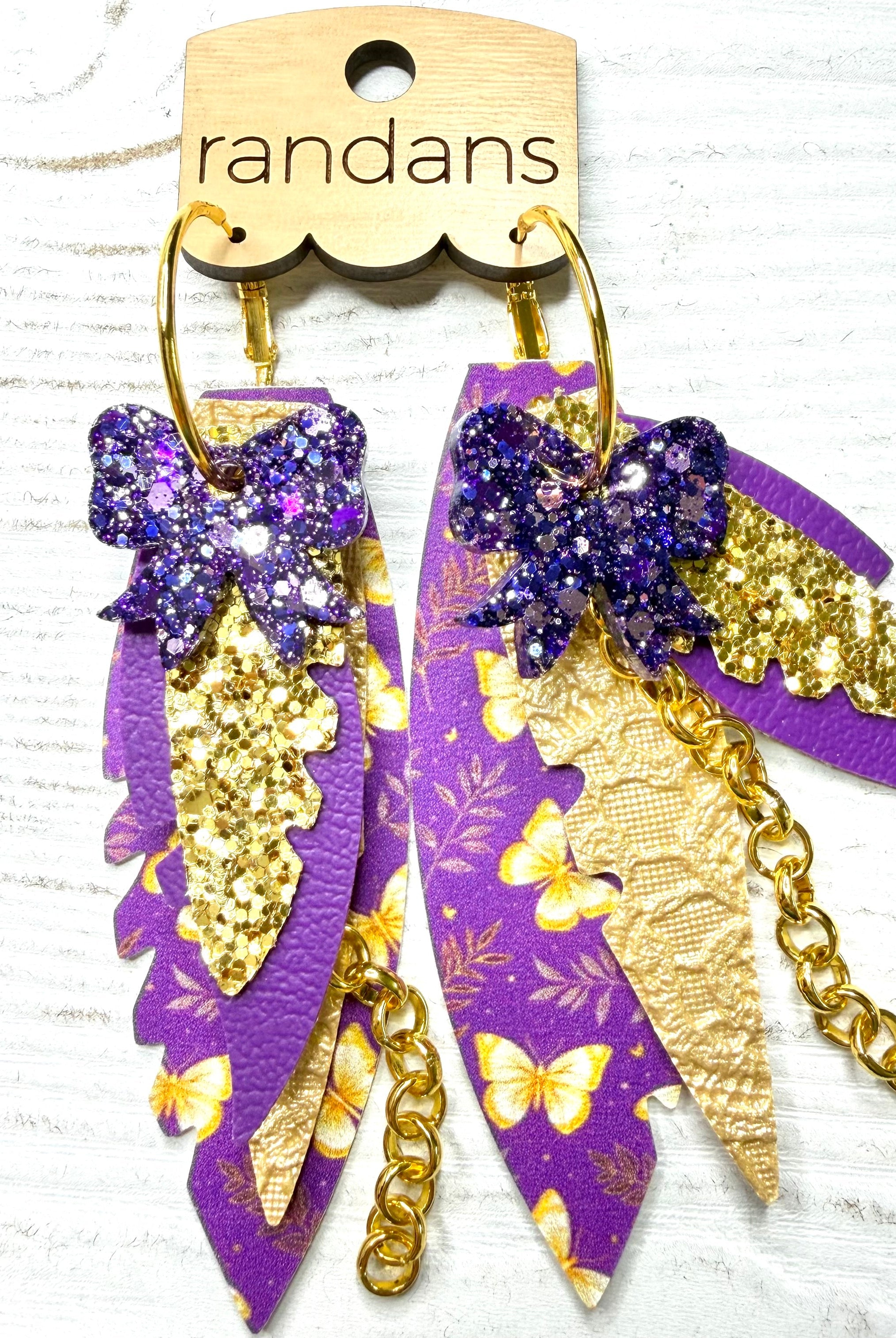Randans fringe hoop earrings- butterflies- purple gold-Dear Me Southern Boutique, located in DeRidder, Louisiana