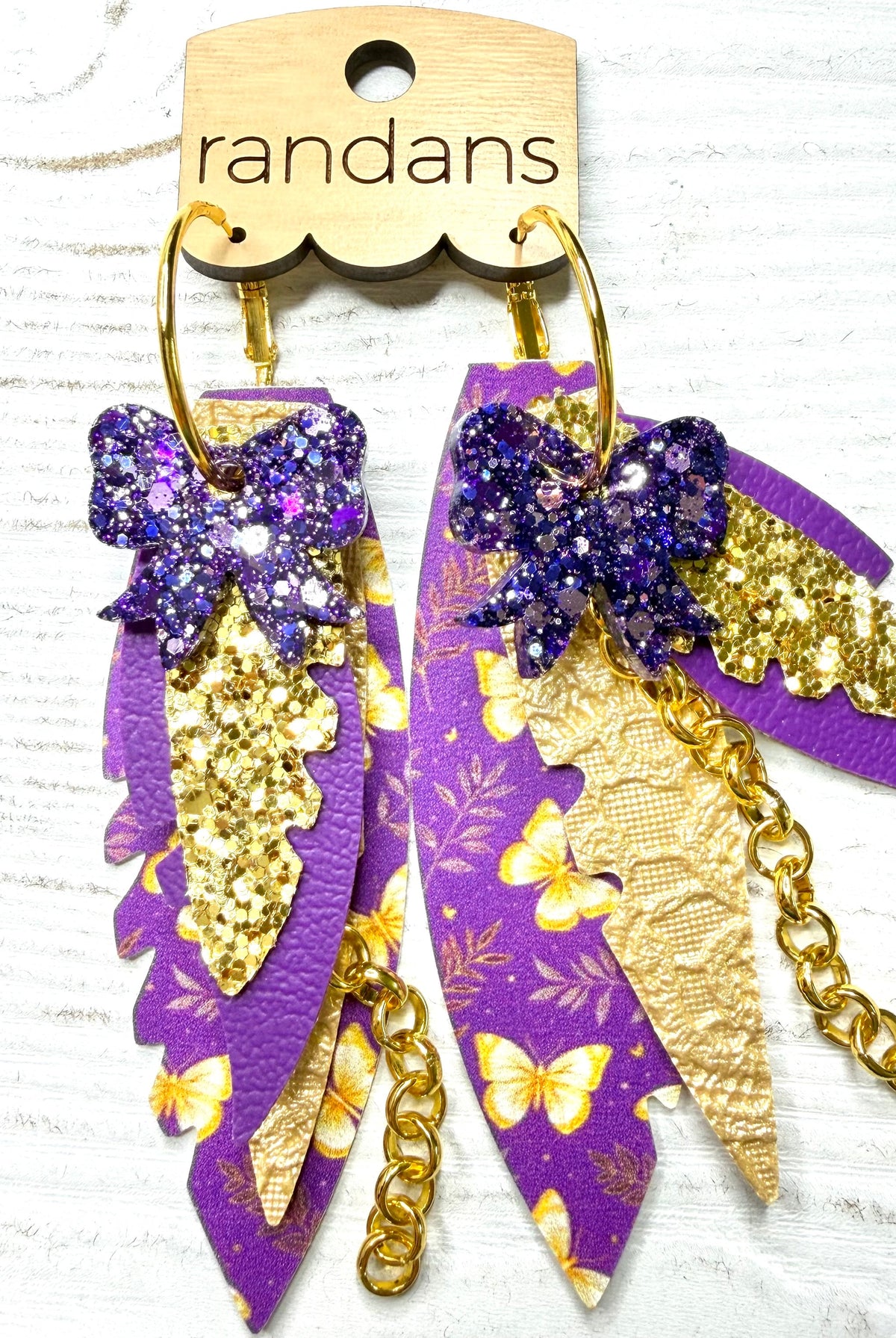 Randans fringe hoop earrings- butterflies- purple gold-Presales-Dear Me Southern Boutique, located in DeRidder, Louisiana