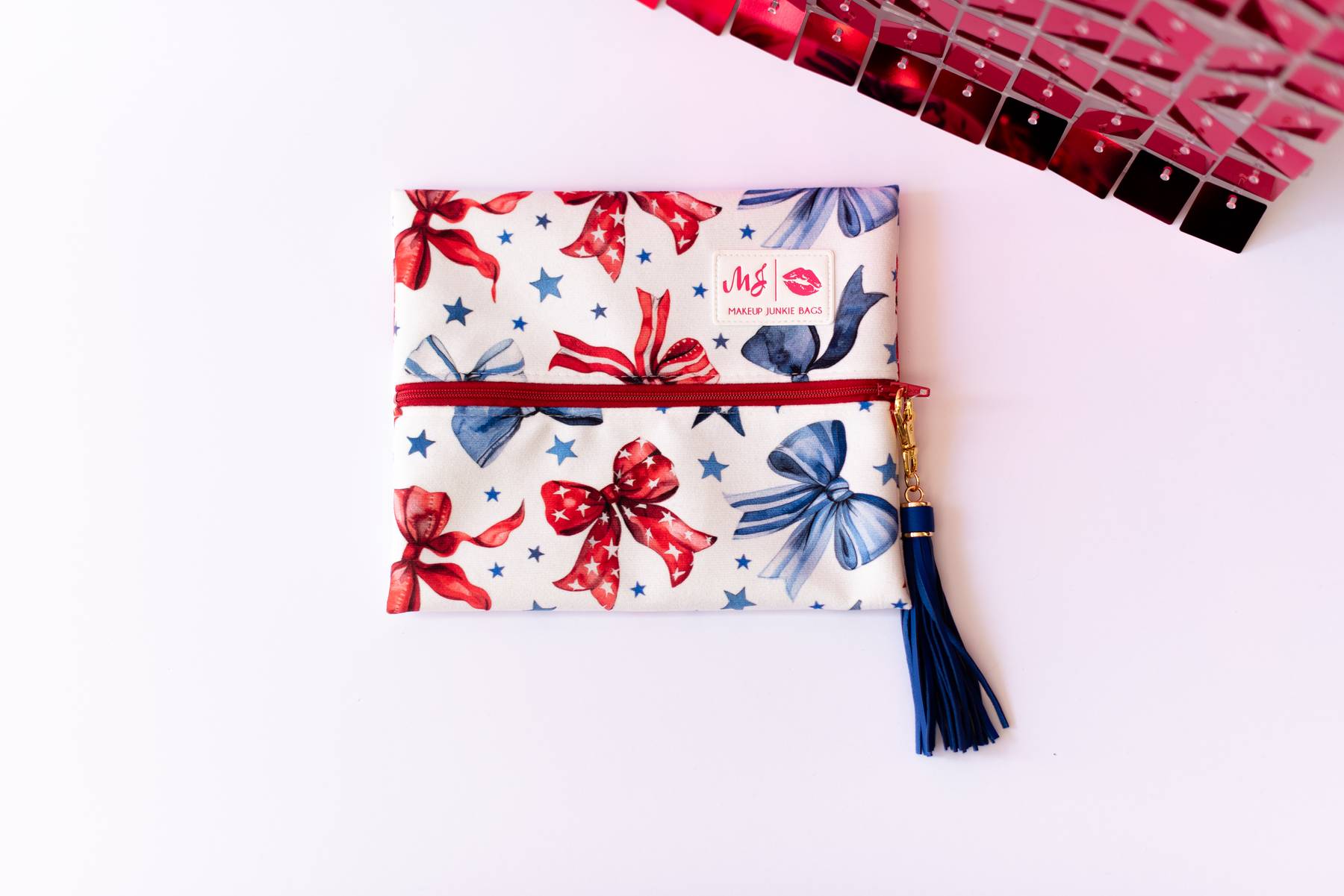 Red, White, & Bow Makeup Junkie Pouches-Makeup Bags-Dear Me Southern Boutique, located in DeRidder, Louisiana