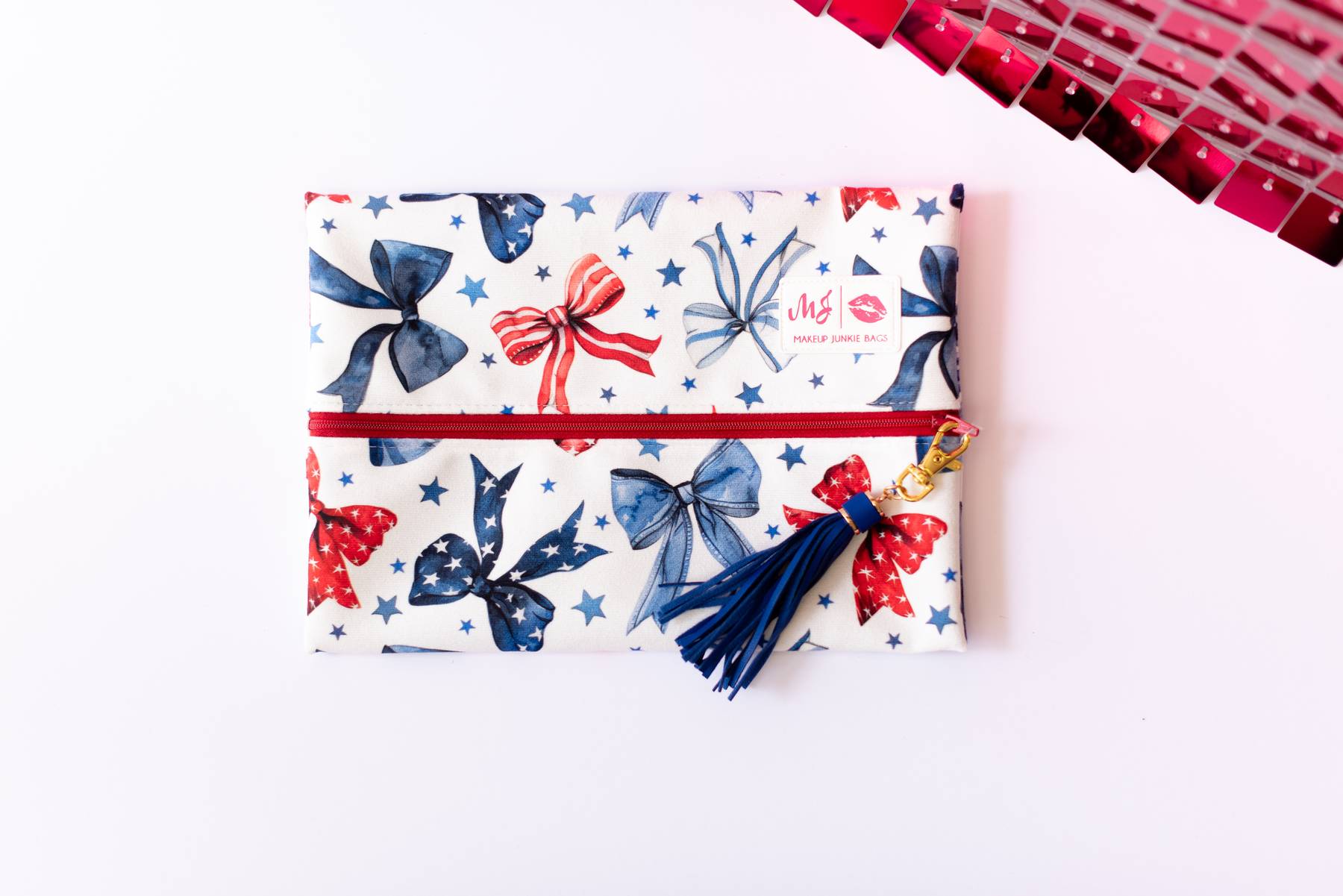 Red, White, & Bow Makeup Junkie Pouches-Makeup Bags-Dear Me Southern Boutique, located in DeRidder, Louisiana